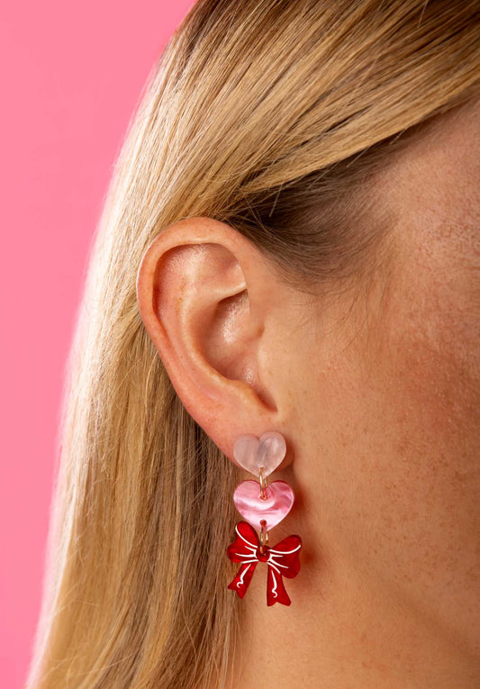 Pink Hearts and Red Marble Bow Trio Acrylic Dangle Earrings – Hypoallergenic Stainless Steel