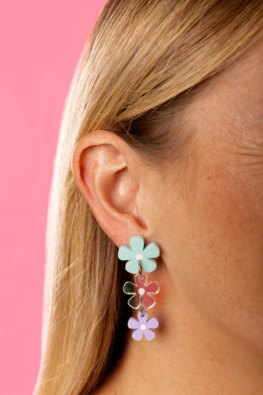 Mint, Periwinkle Lilac and Iridescent Acrylic Flower Dangle Earrings – Hypoallergenic Stainless Steel