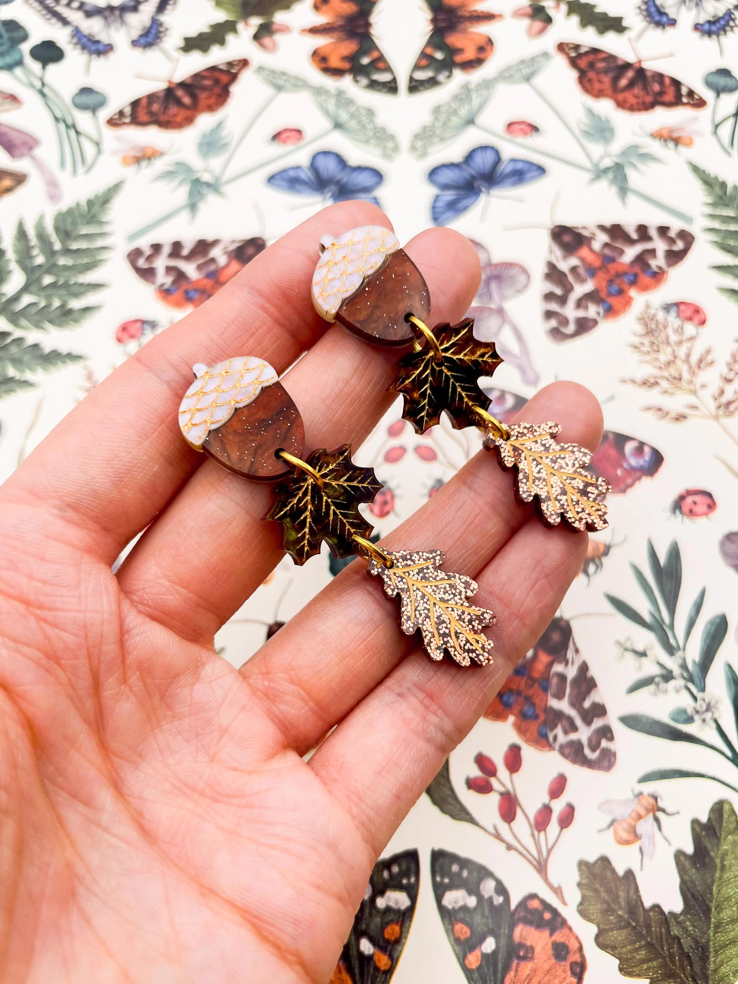 Autumn Marble and Copper Glitter Acrylic Acorn, Maple and Oak Leaf Dangle Earrings from Sapphire Frills