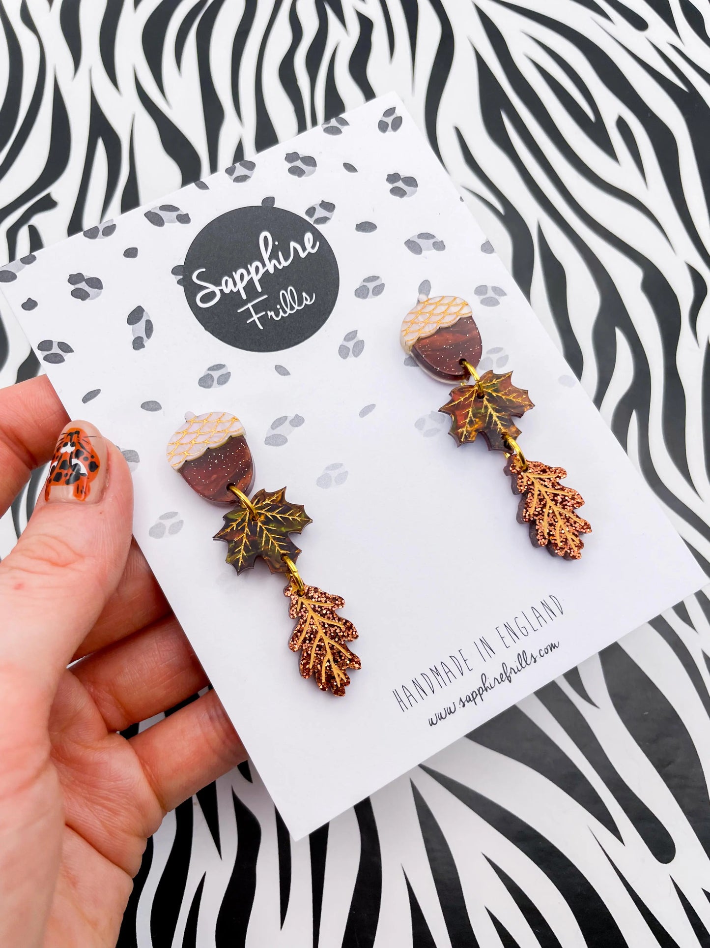 Autumn Marble and Copper Glitter Acrylic Acorn, Maple and Oak Leaf Dangle Earrings from Sapphire Frills