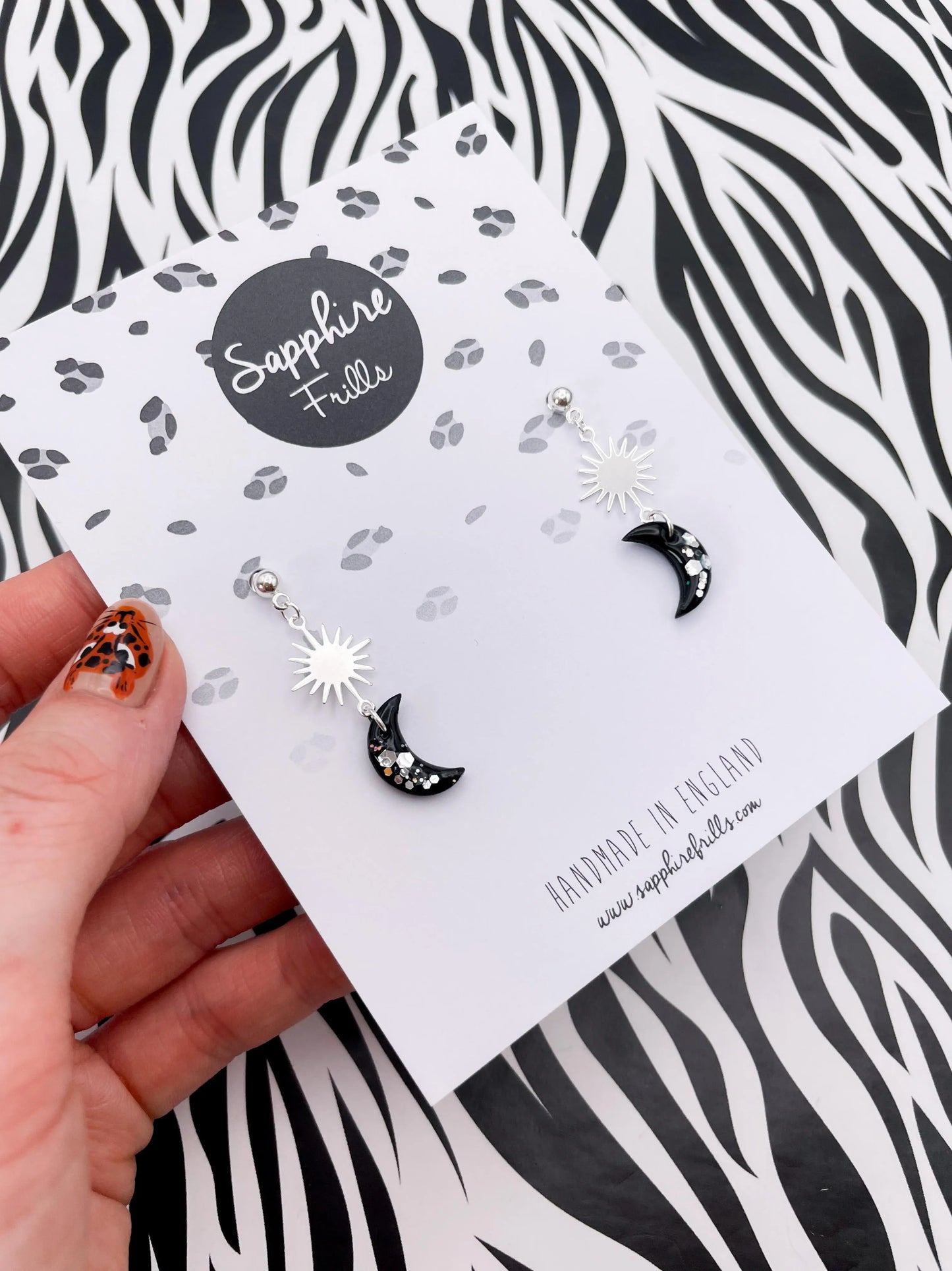Black and Silver Star, Sun and Moon Sequin Dangle Earrings from Sapphire Frills