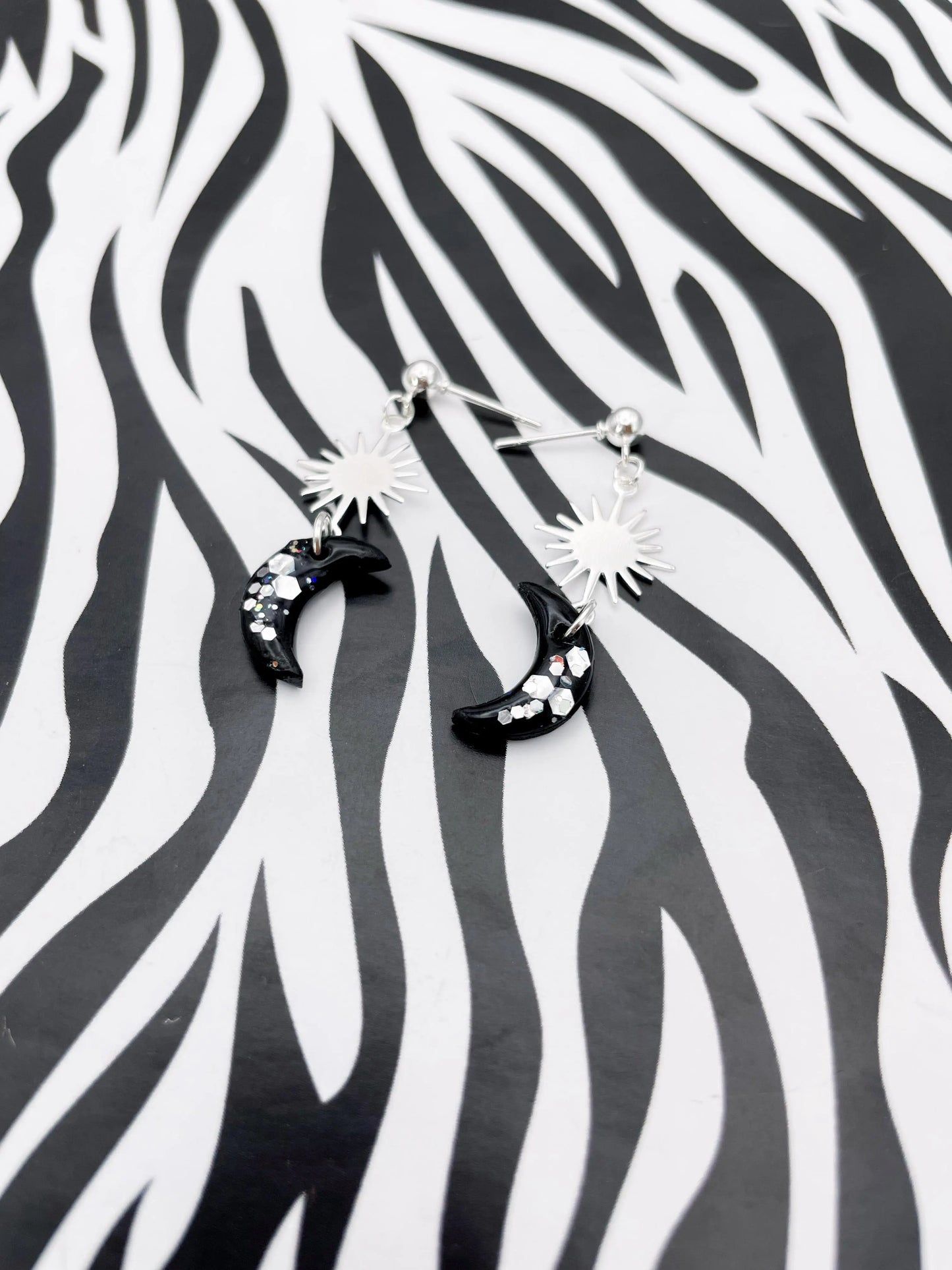 Black and Silver Star, Sun and Moon Sequin Dangle Earrings from Sapphire Frills