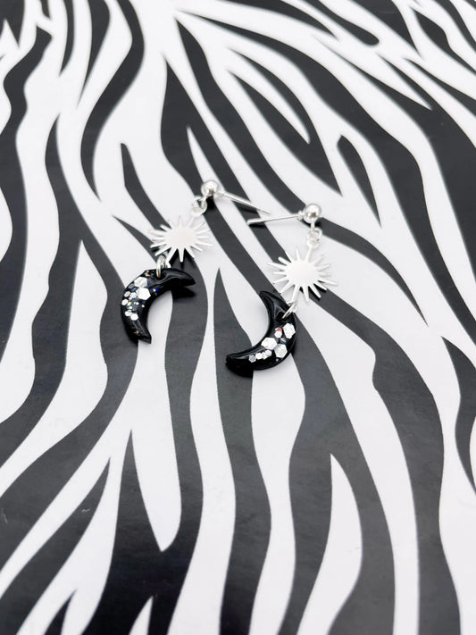 Black and Silver Star, Sun and Moon Sequin Dangle Earrings from Sapphire Frills