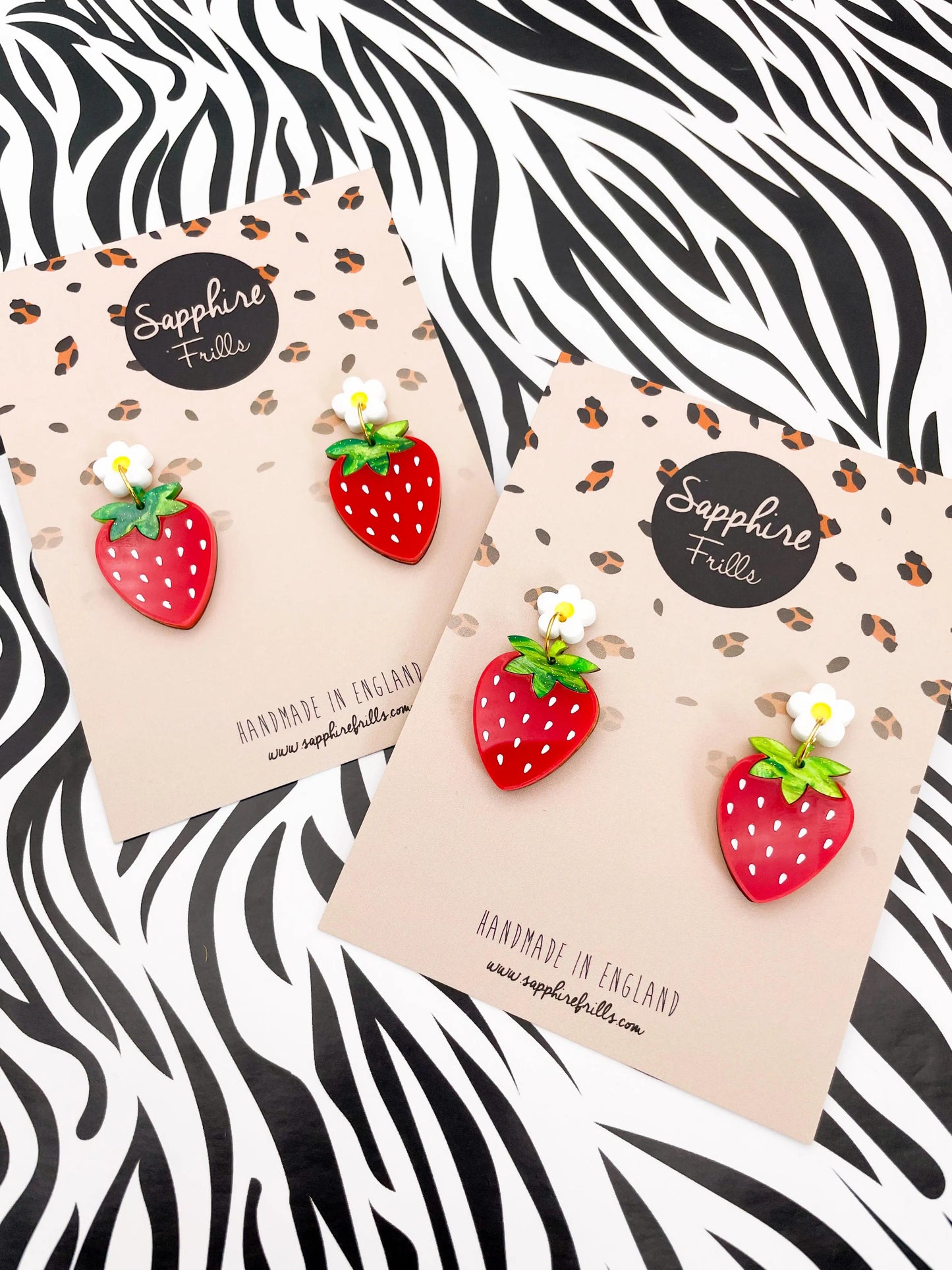 Green Glitter Marble and Red Gloss Acrylic Strawberry Flower Dangle Earrings from Sapphire Frills