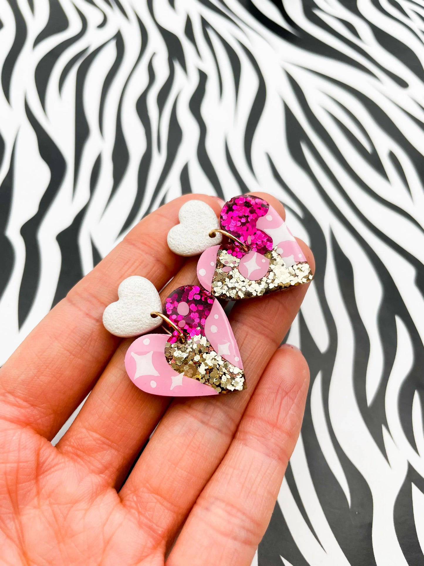 Hot Pink and Gold Glitter Star Print Resin Heart Dangle Earrings from Sapphire Frills