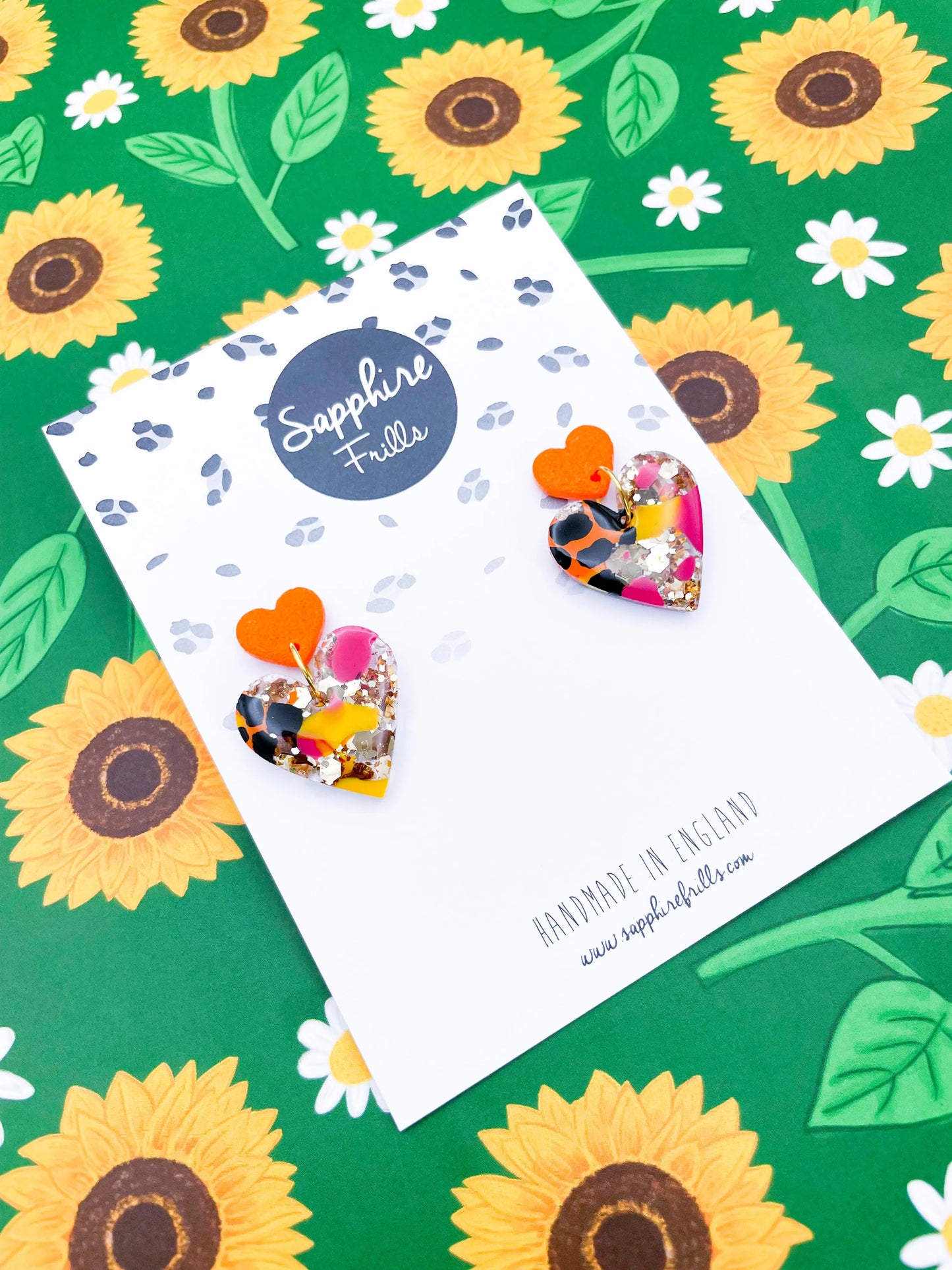 Hot Pink, Orange & Yellow Giraffe Print Gold Glitter Resin Heart Dangle Earrings from Sapphire Frills