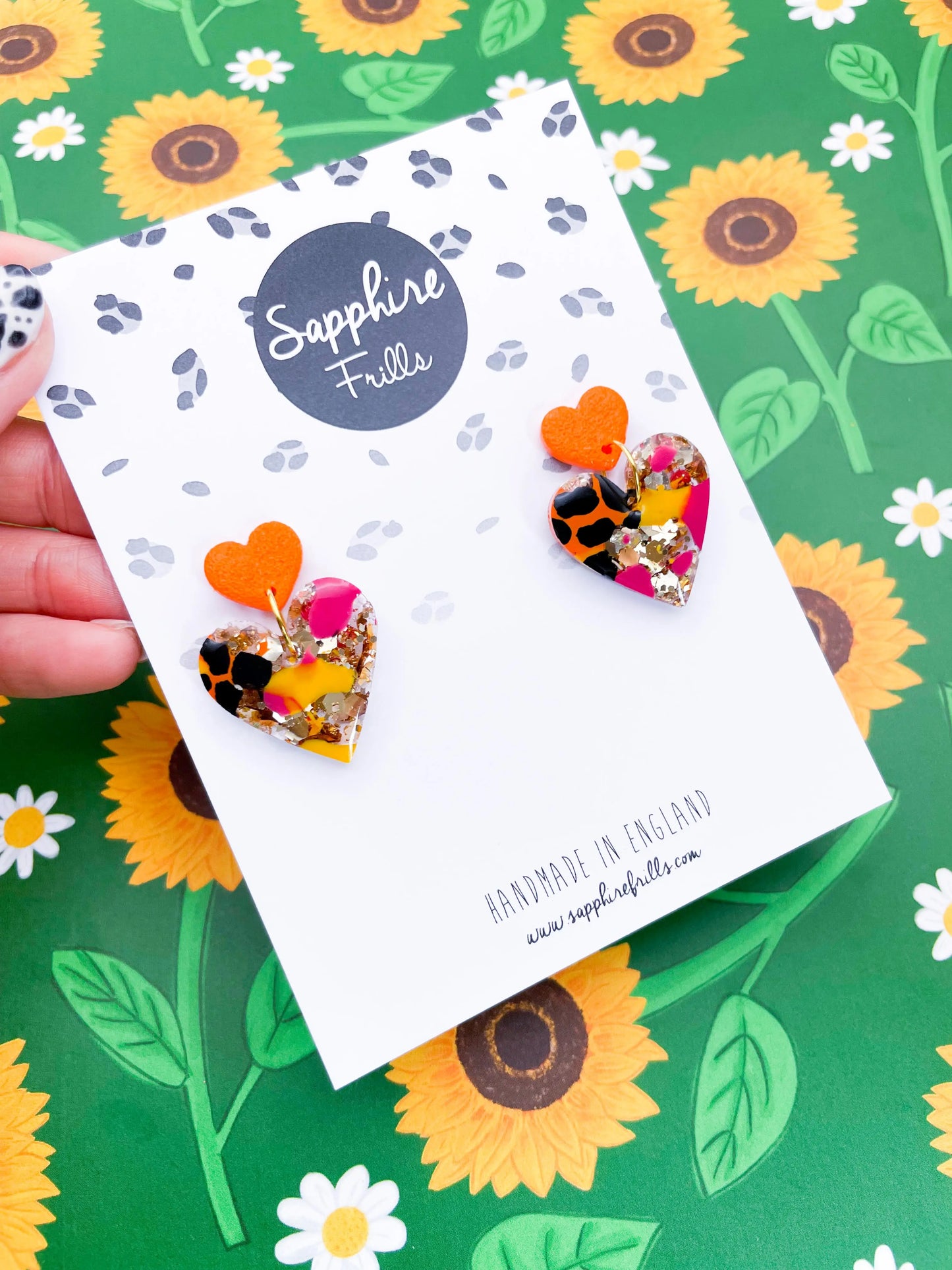 Hot Pink, Orange & Yellow Giraffe Print Gold Glitter Resin Heart Dangle Earrings from Sapphire Frills