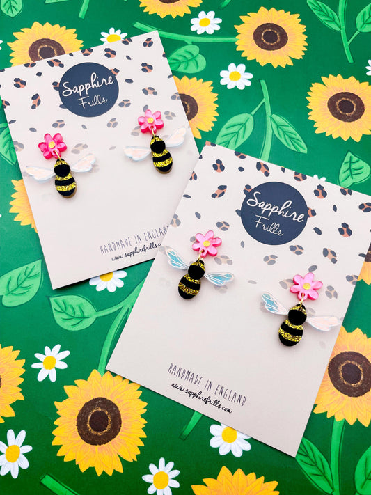 Hot Pink and Gold Glitter Acrylic Honey Bee and Daisy Dangle Earrings – Hypoallergenic Stainless Steel
