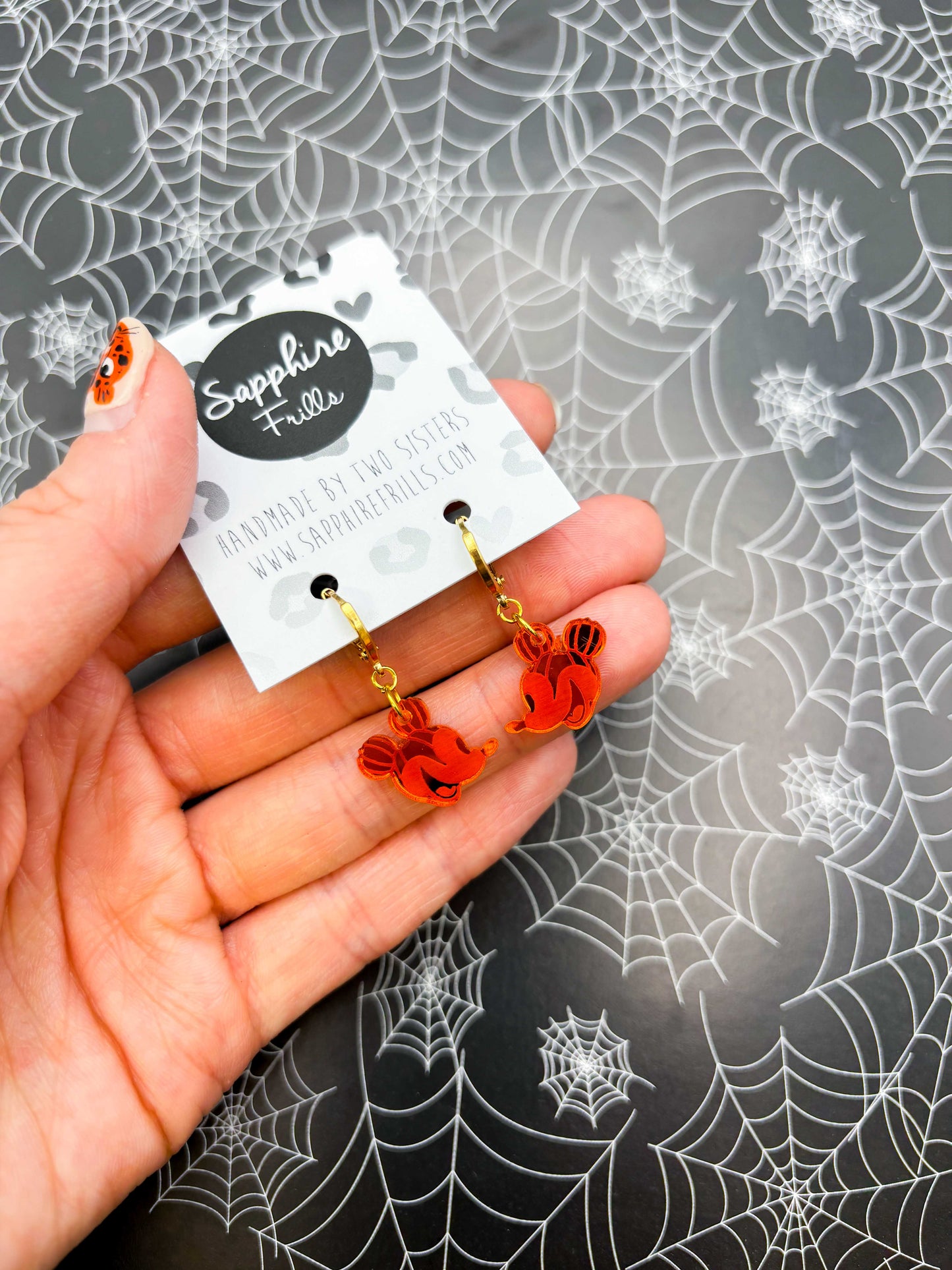 Small Orange Mirror Mickey Mouse Pumpkin Head Dangle Earrings