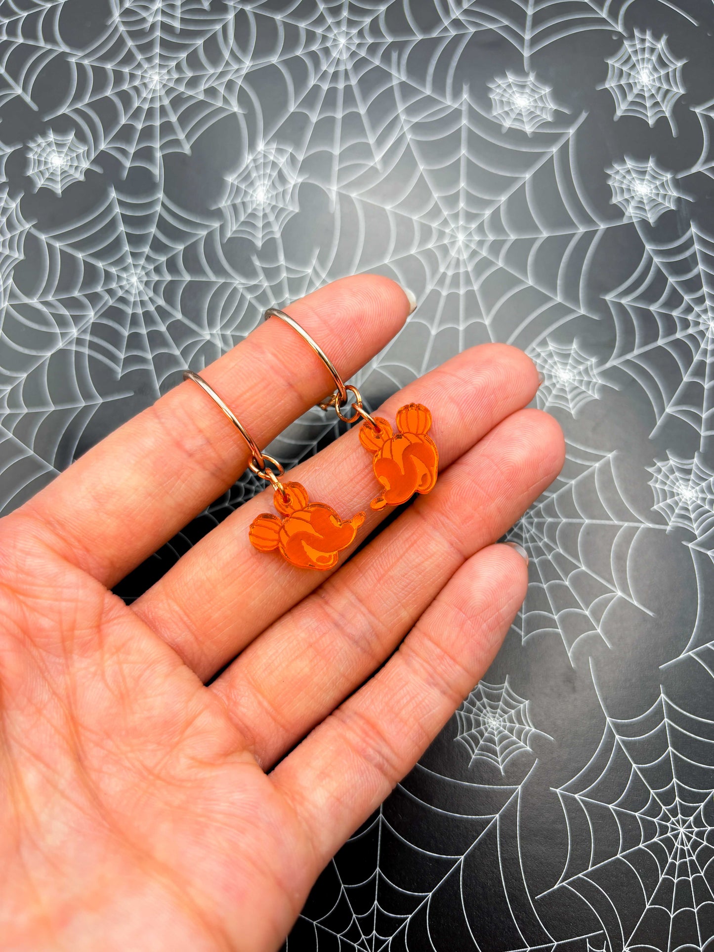 Small Orange Mirror Mickey Mouse Pumpkin Head Dangle Earrings