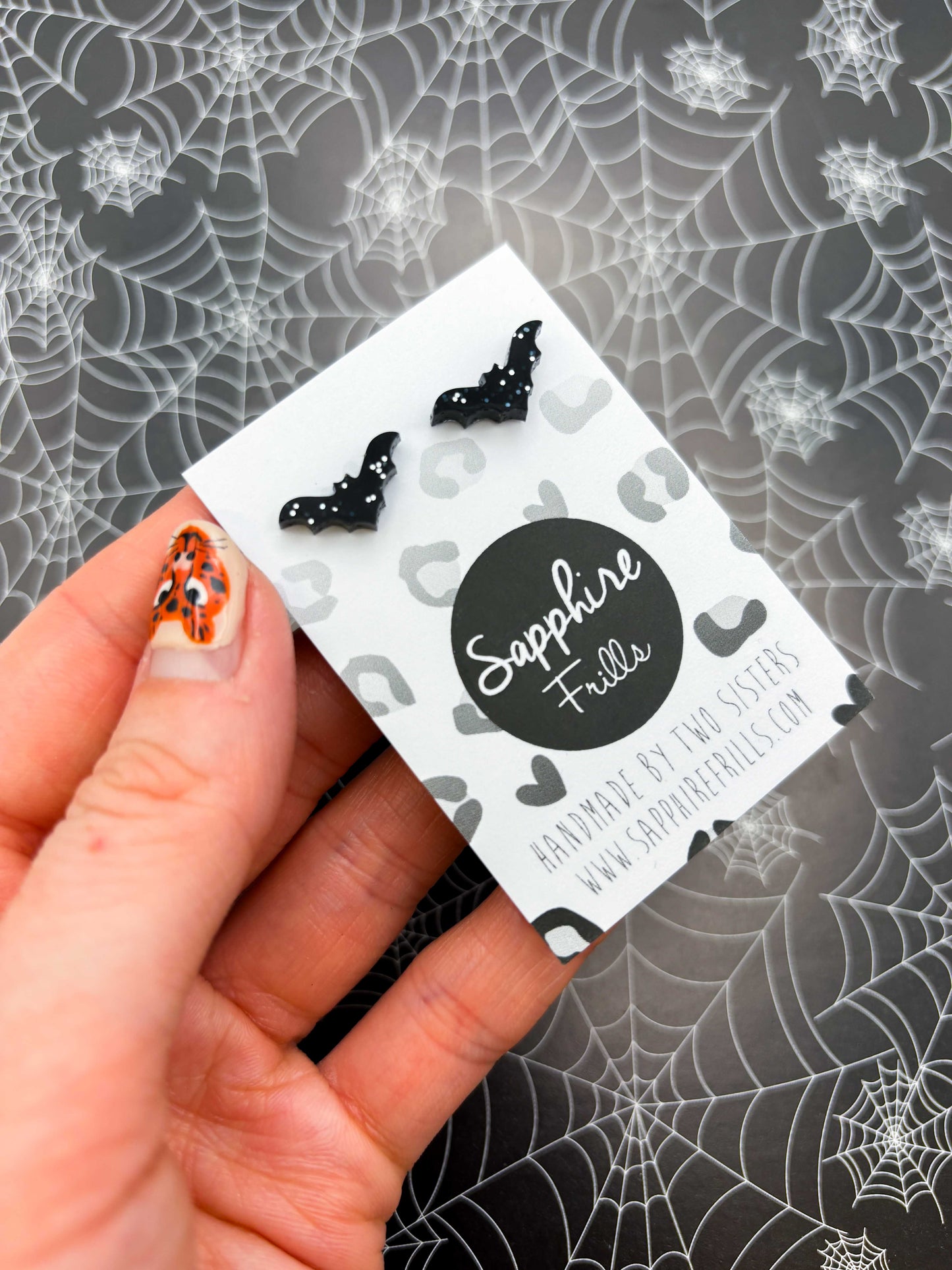 Mini Black and Silver Glitter Acrylic Bat Stud Earrings