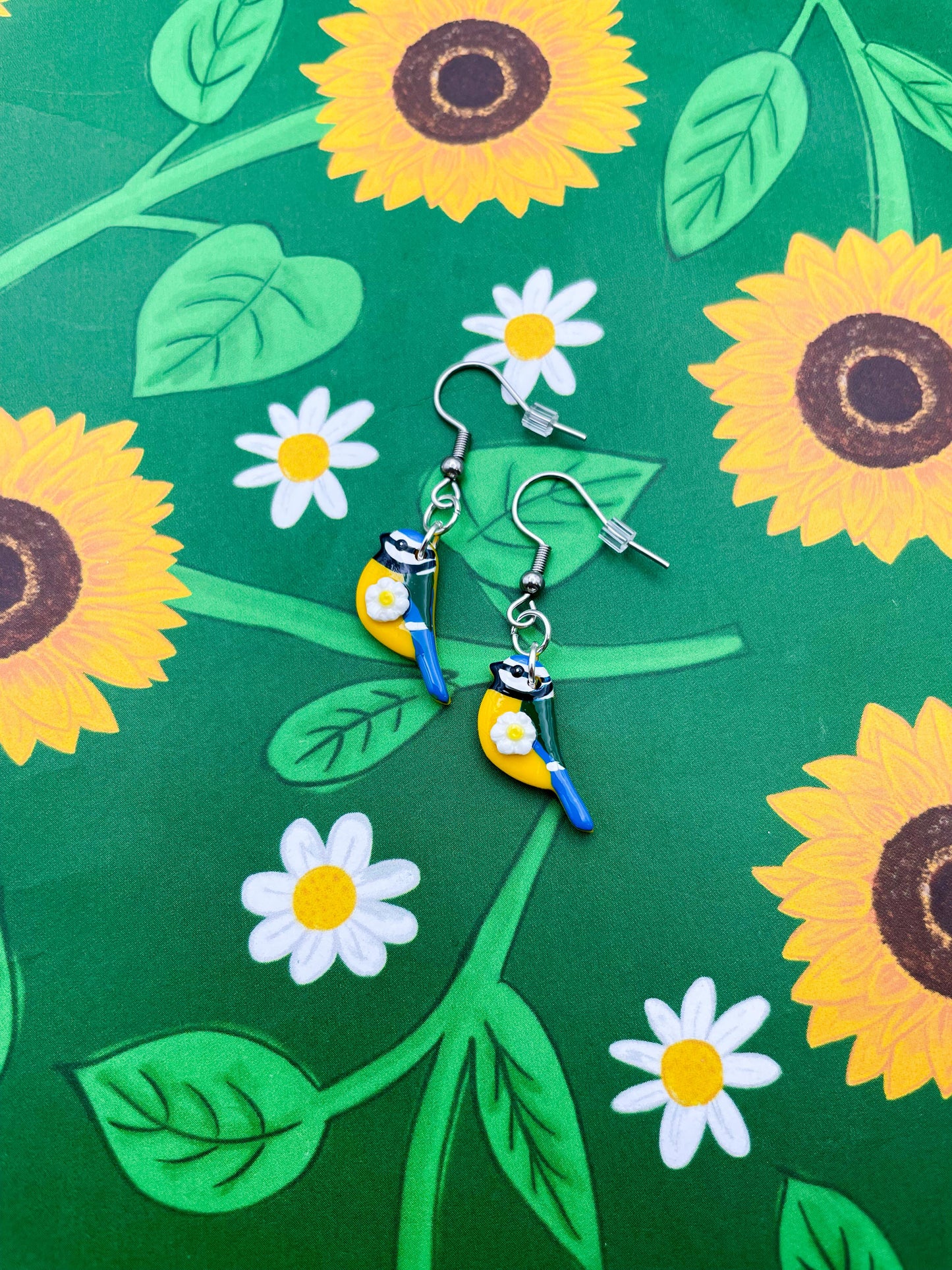 Small Yellow and White Daisy and Blue Tit Earrings or Necklace – Hypoallergenic Stainless Steel