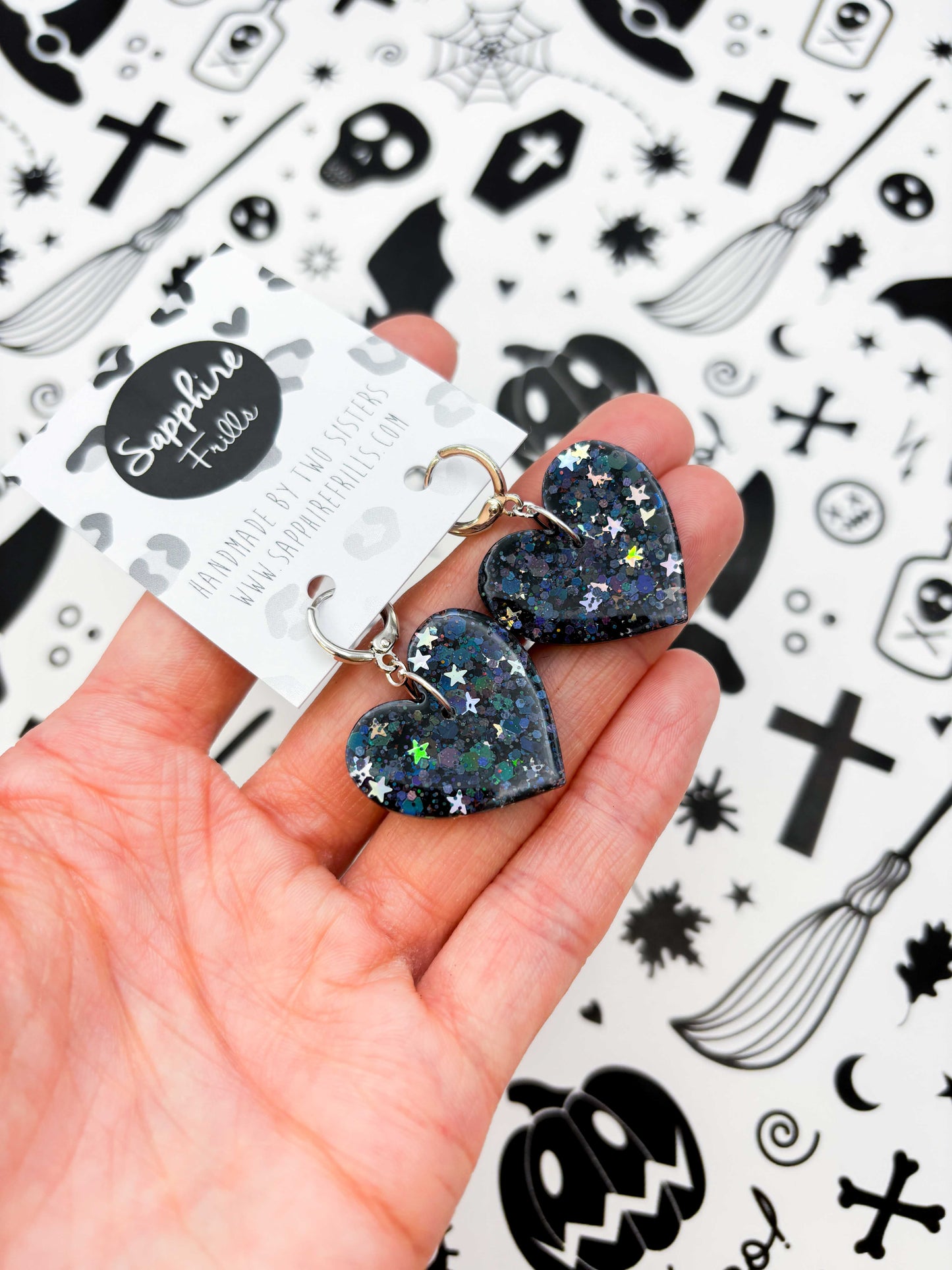 Large Holographic Black and Silver Star Glitter Resin Heart Earrings or Necklace – Hypoallergenic Stainless Steel