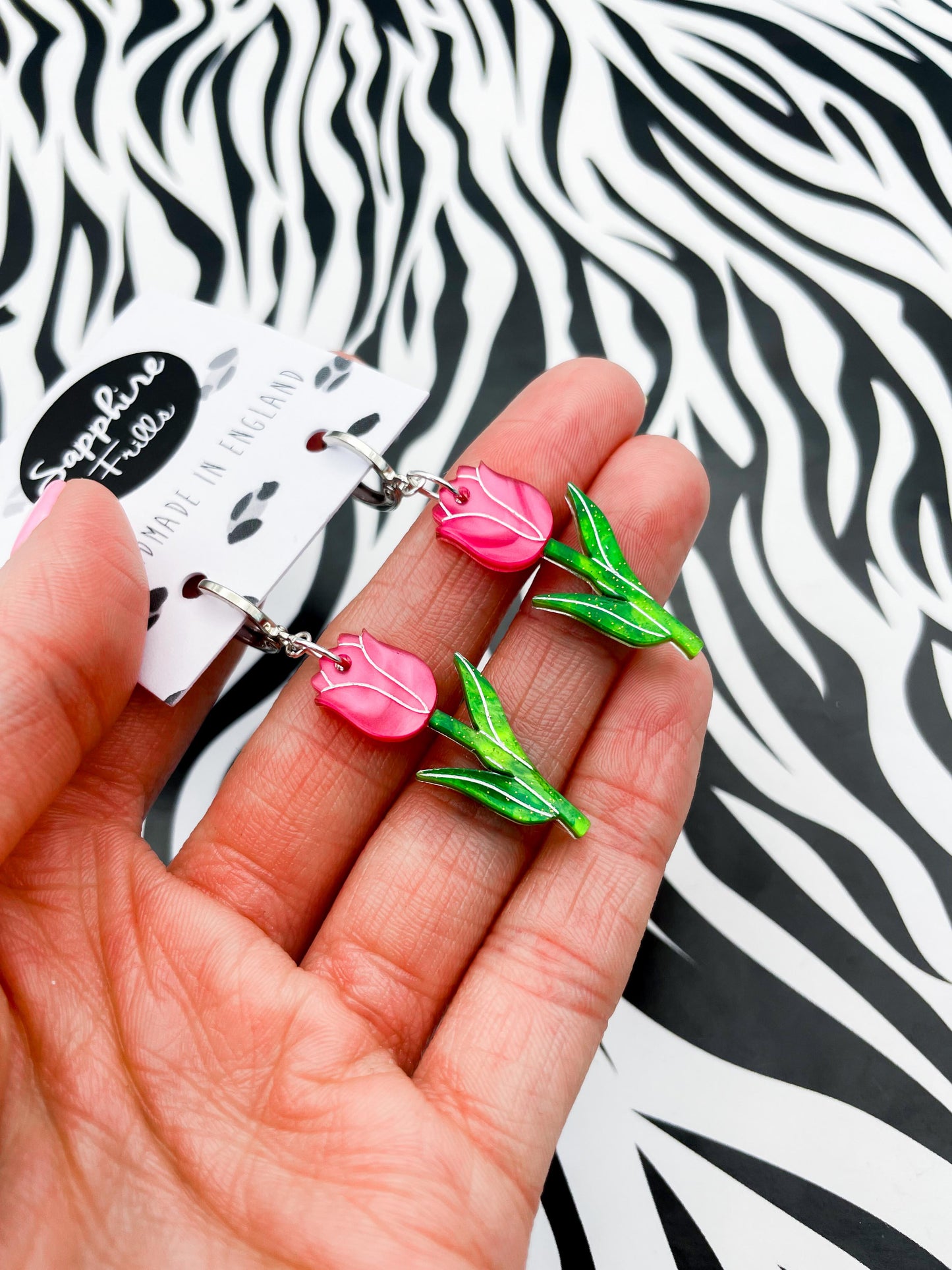 Large Hot Pink and Green Glitter Marble Acrylic Tulip Dangle Earrings