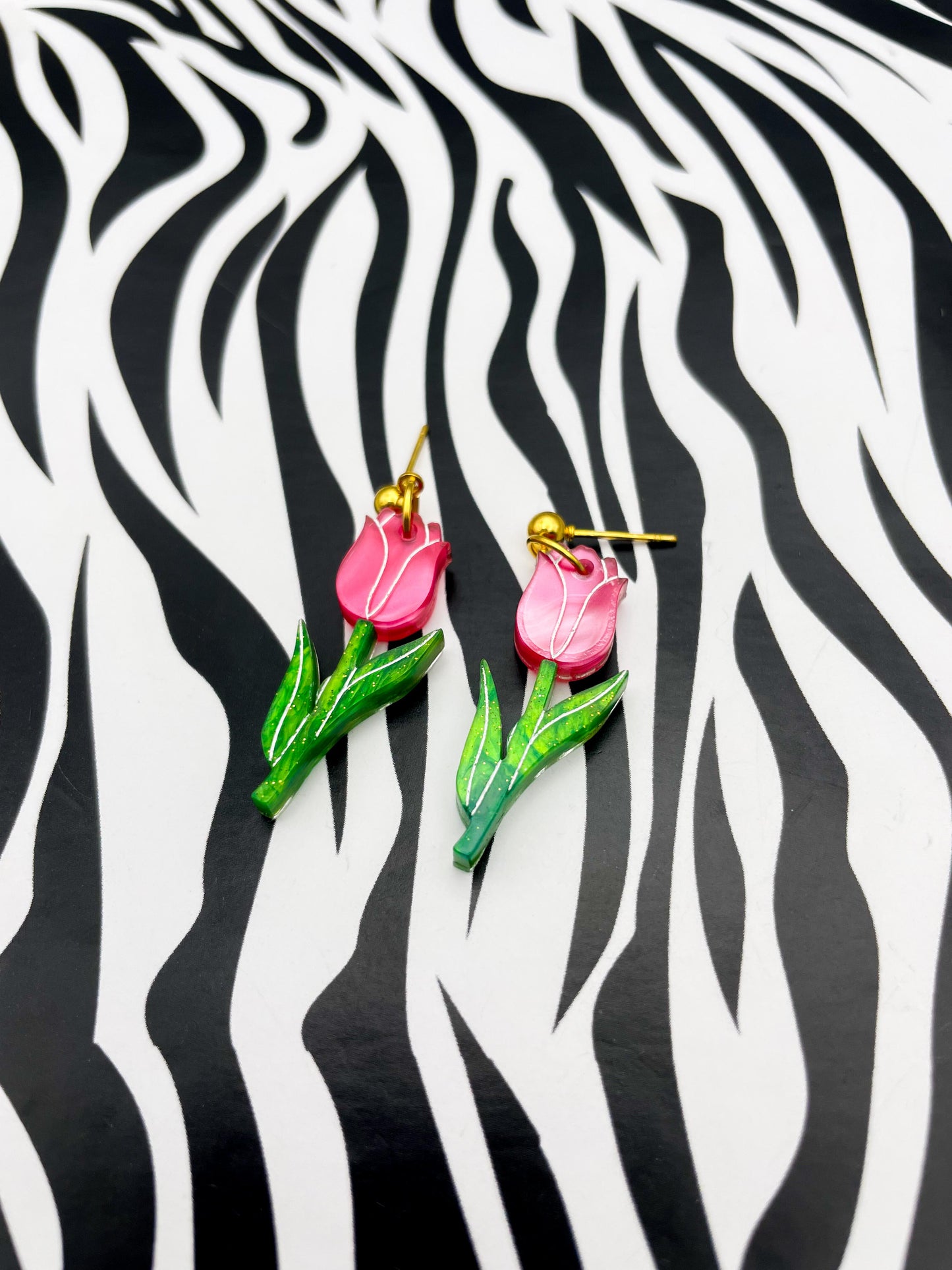 Large Hot Pink and Green Glitter Marble Acrylic Tulip Dangle Earrings