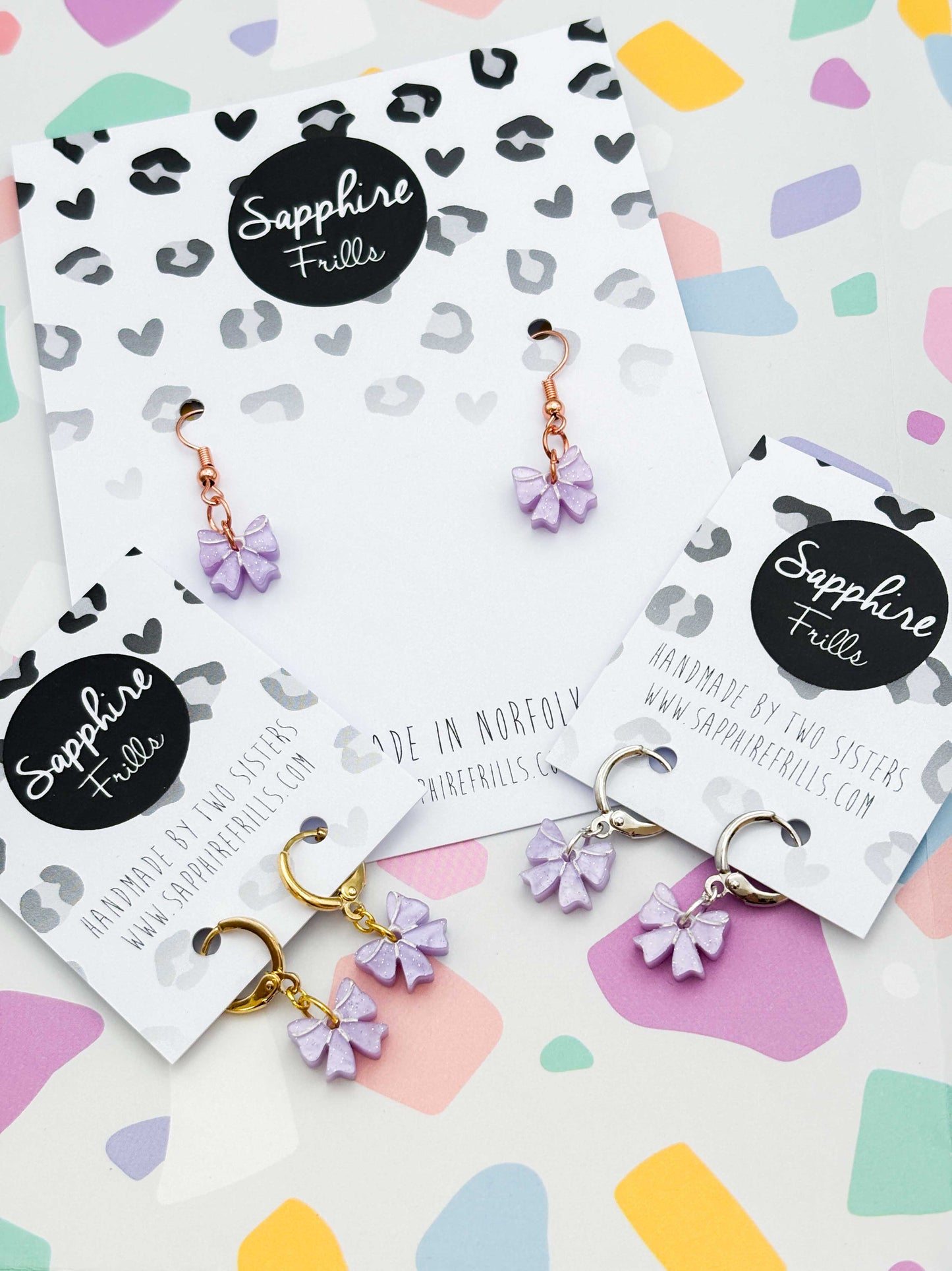 Mini Lilac Glitter Marble Acrylic Bow Dangle Earrings