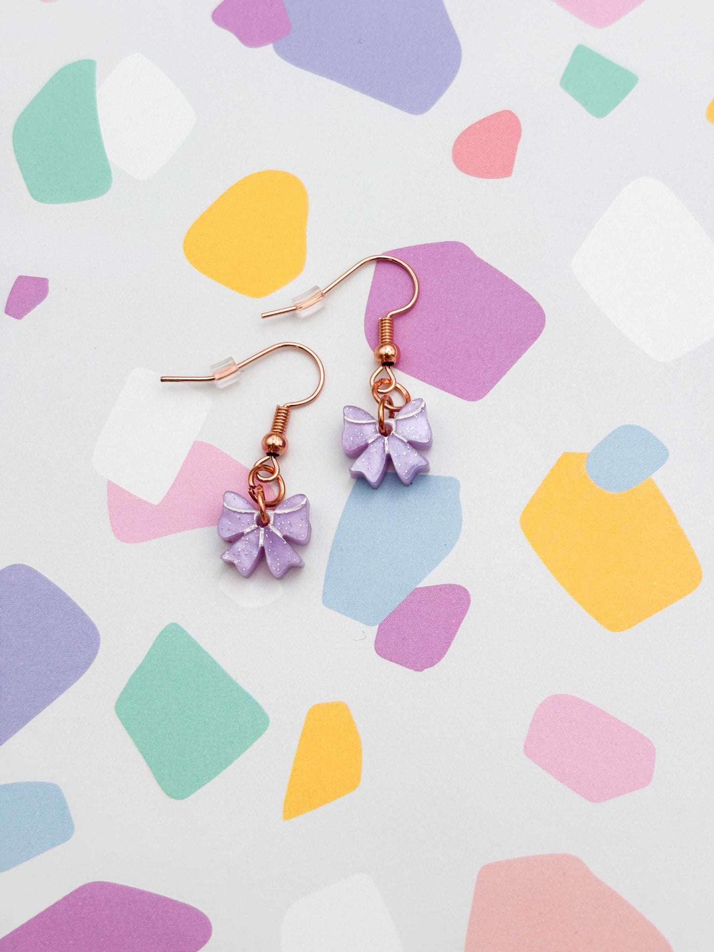 Mini Lilac Glitter Marble Acrylic Bow Dangle Earrings