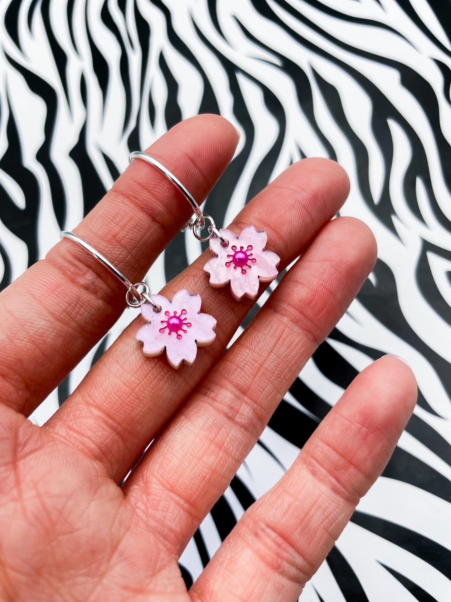 Small Baby Pink Glitter Marble Cherry Blossom Dangle Earrings or Necklace – Hypoallergenic Stainless Steel