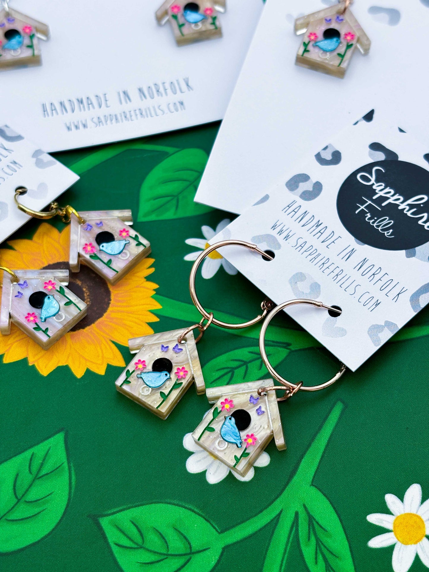 Medium Spring Flower Bird House Dangle Earrings