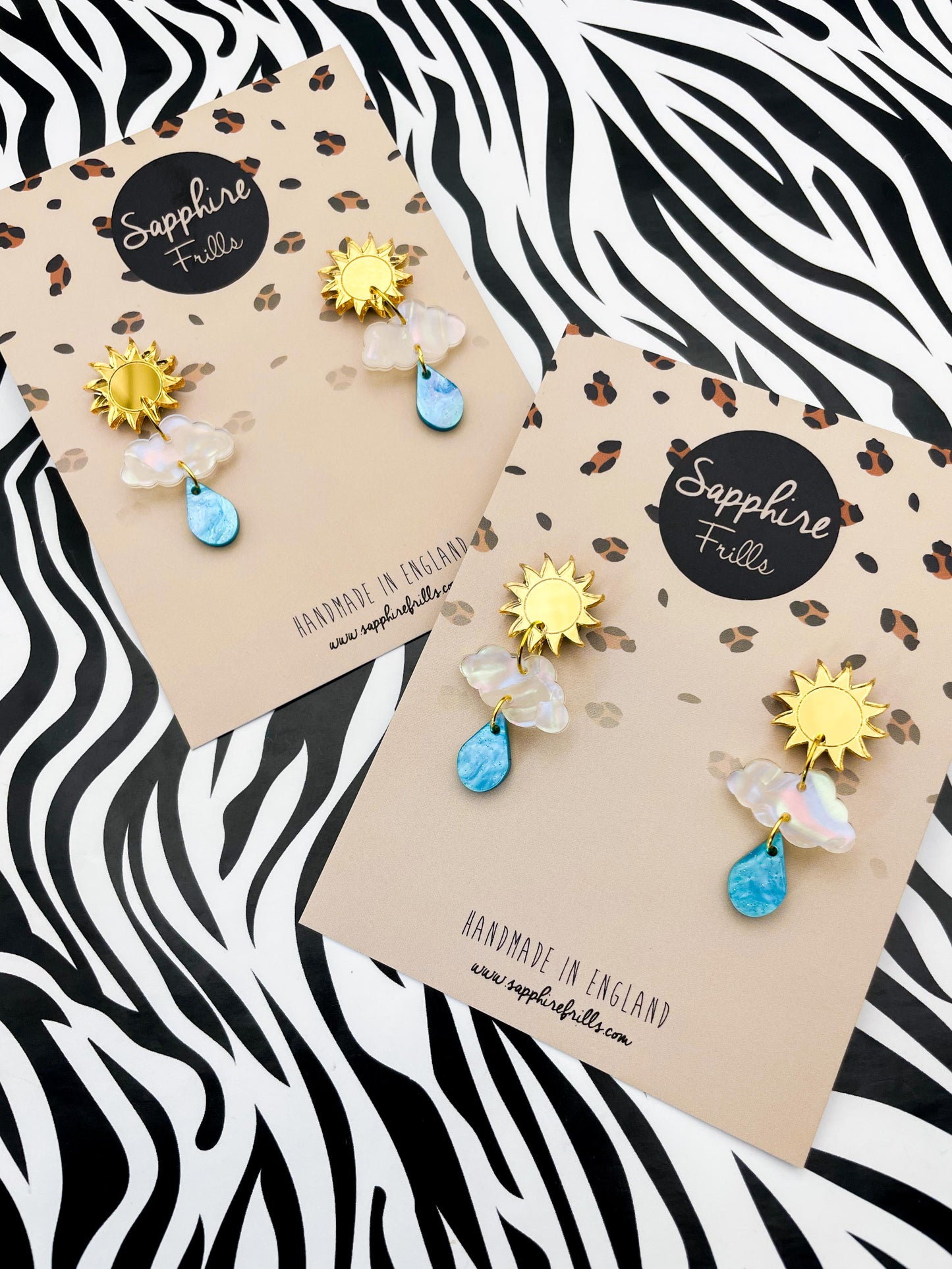 Gold Mirror, Iridescent Rainbow Pearl and Blue Marble Acrylic Sun, Cloud and Raindrop Dangle Earrings – Hypoallergenic Stainless Steel