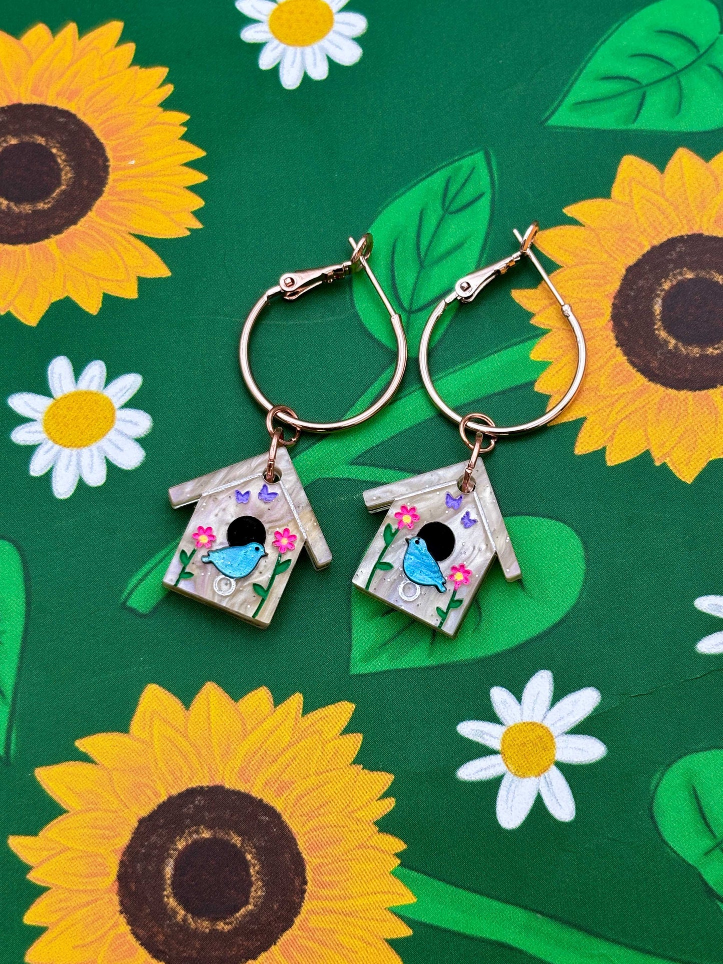 Medium Spring Flower Bird House Dangle Earrings