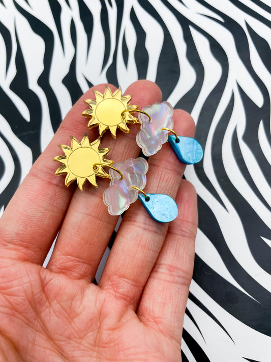 Gold Mirror, Iridescent Rainbow Pearl and Blue Marble Acrylic Sun, Cloud and Raindrop Dangle Earrings – Hypoallergenic Stainless Steel