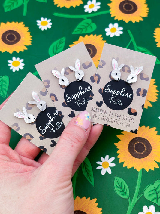 Small White Marble Bunny Rabbit Stud Earrings – Hypoallergenic Stainless Steel