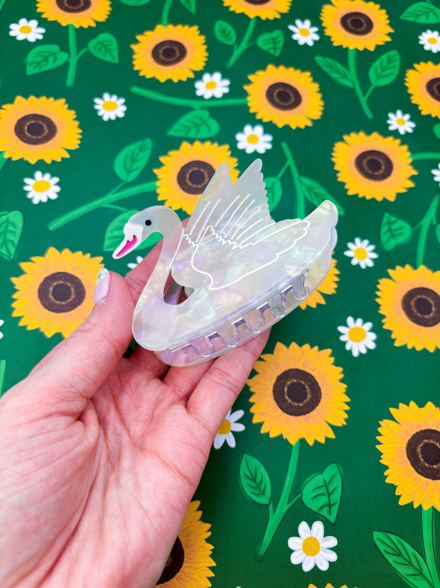 Medium Iridescent White Swan Claw Clip