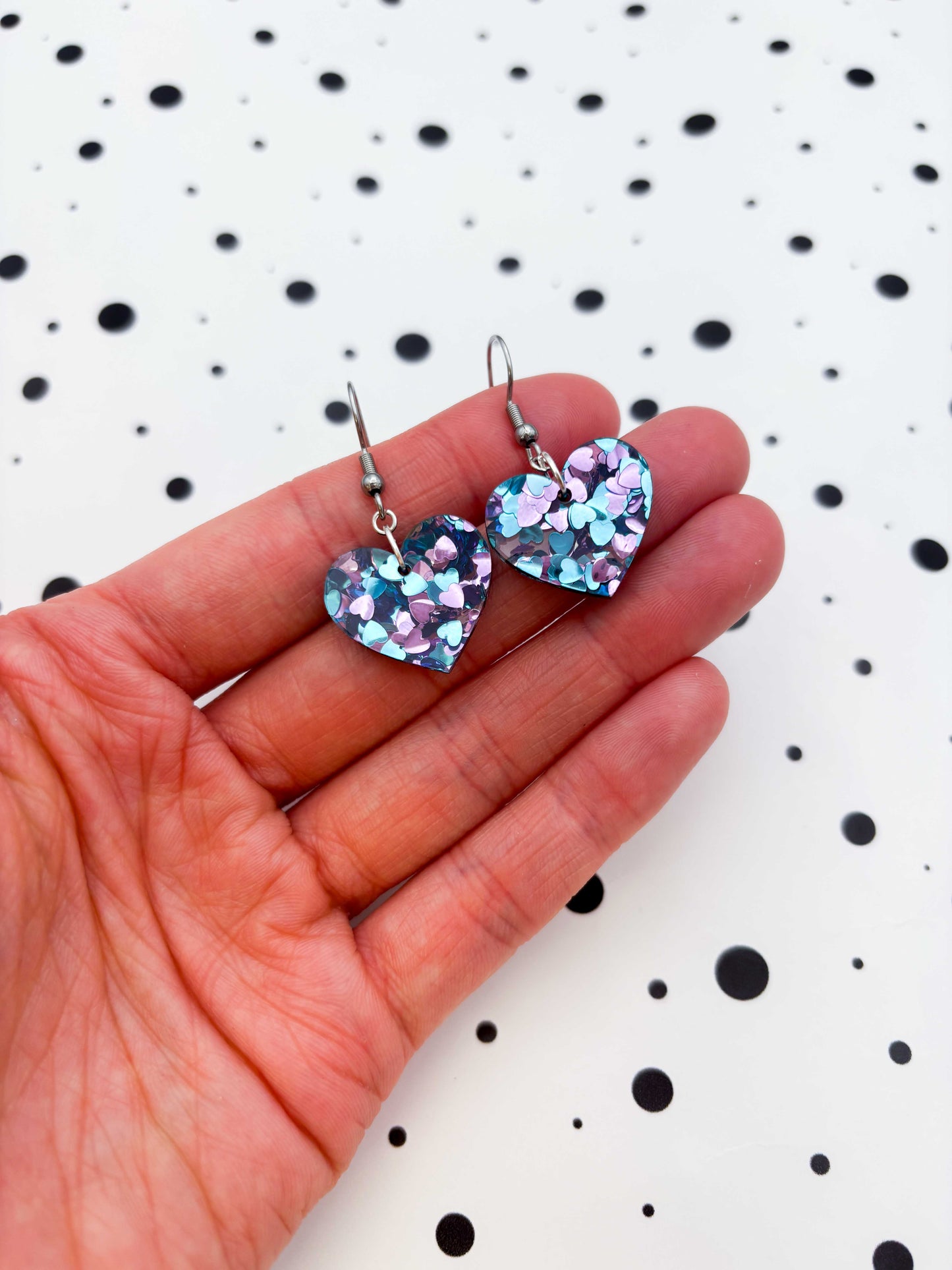 Medium Blue and Lilac Sequin Acrylic Heart Dangle Earrings