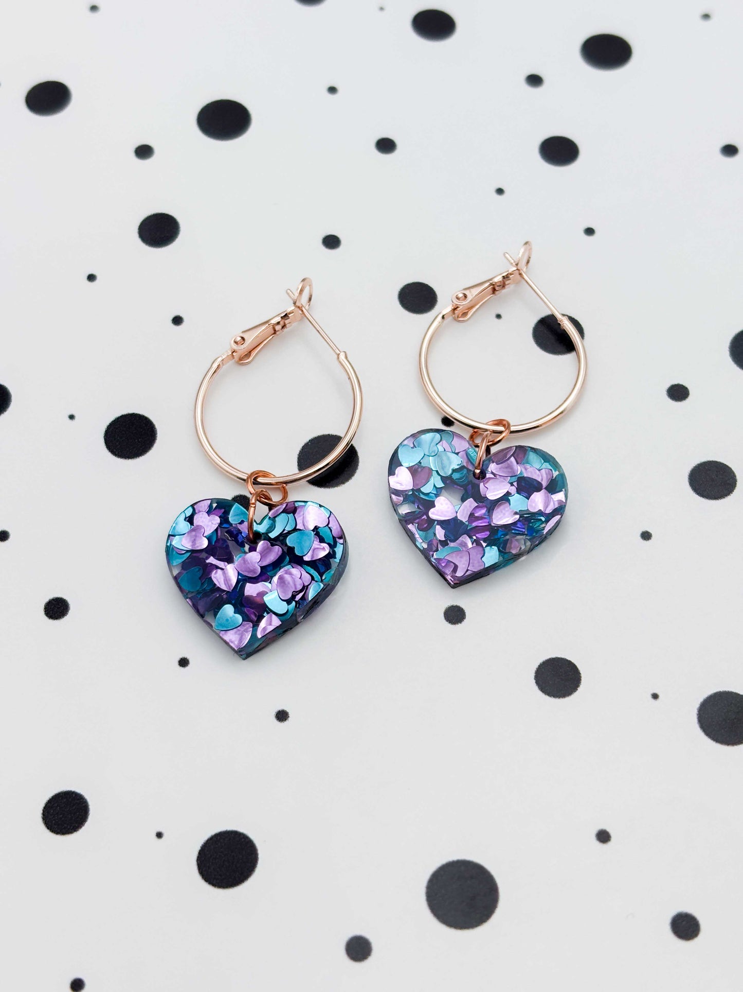 Medium Blue and Lilac Sequin Acrylic Heart Dangle Earrings