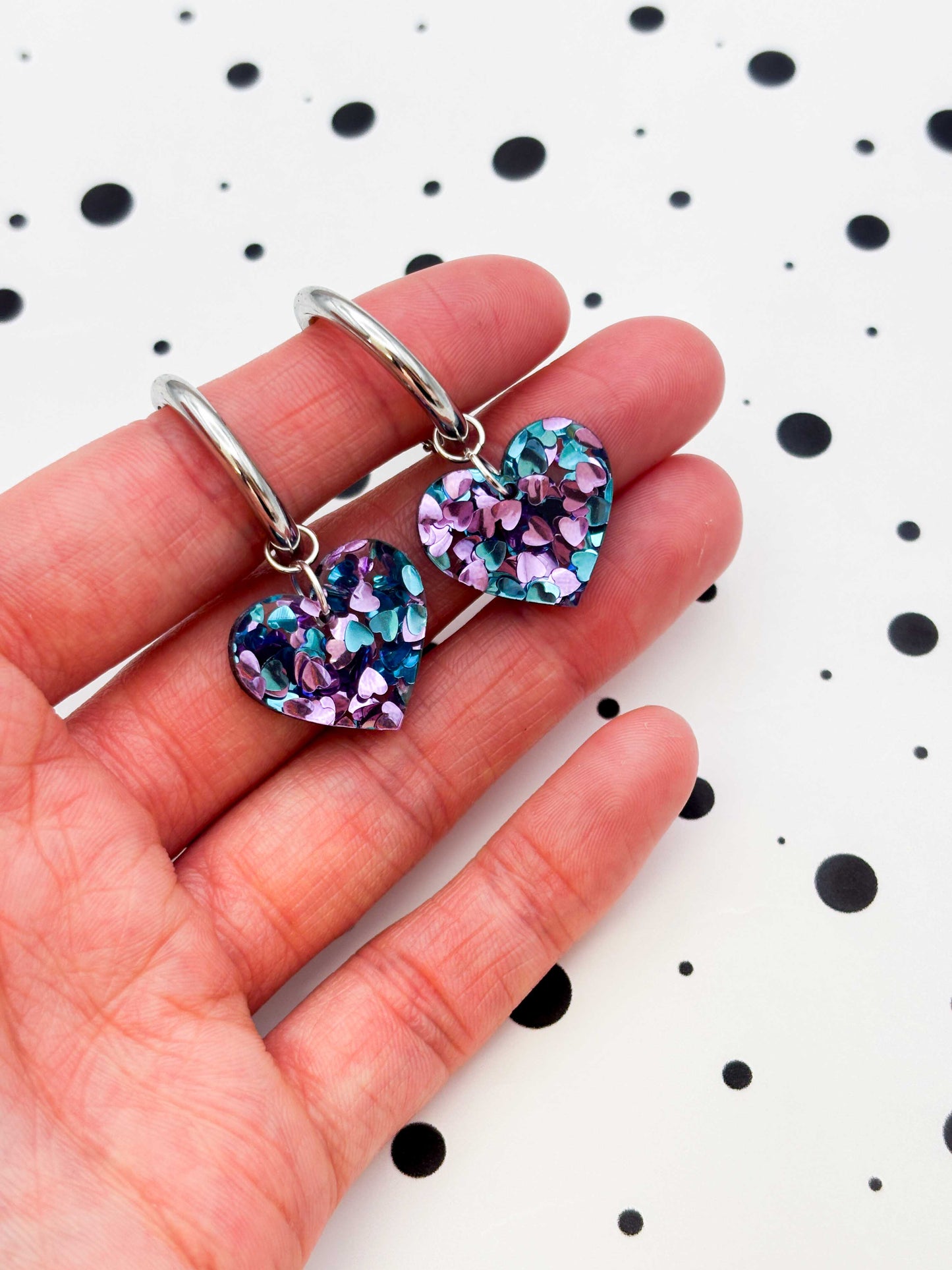 Medium Blue and Lilac Sequin Acrylic Heart Dangle Earrings