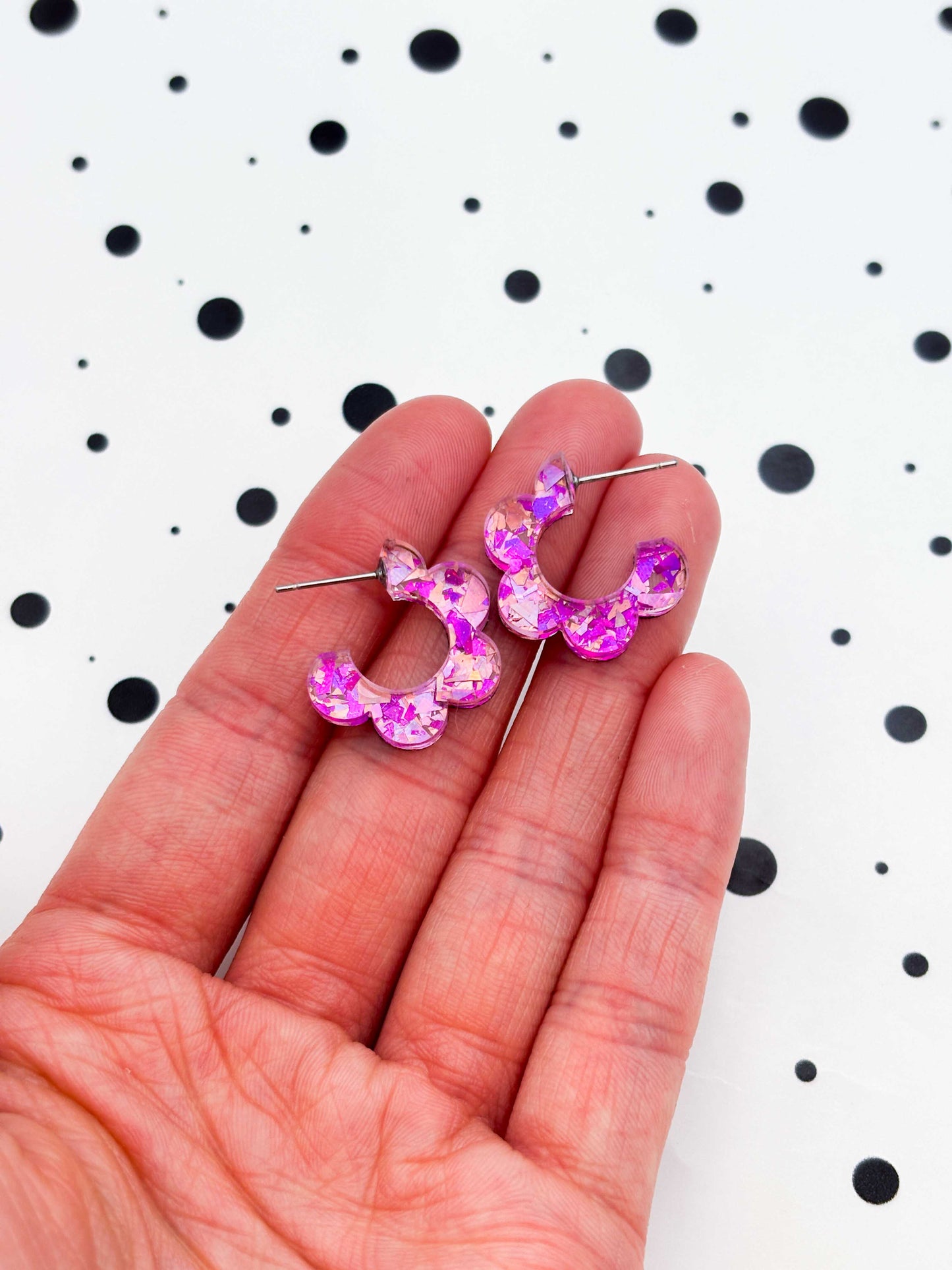 Medium Pink Holographic Confetti Acrylic Flower Hoops