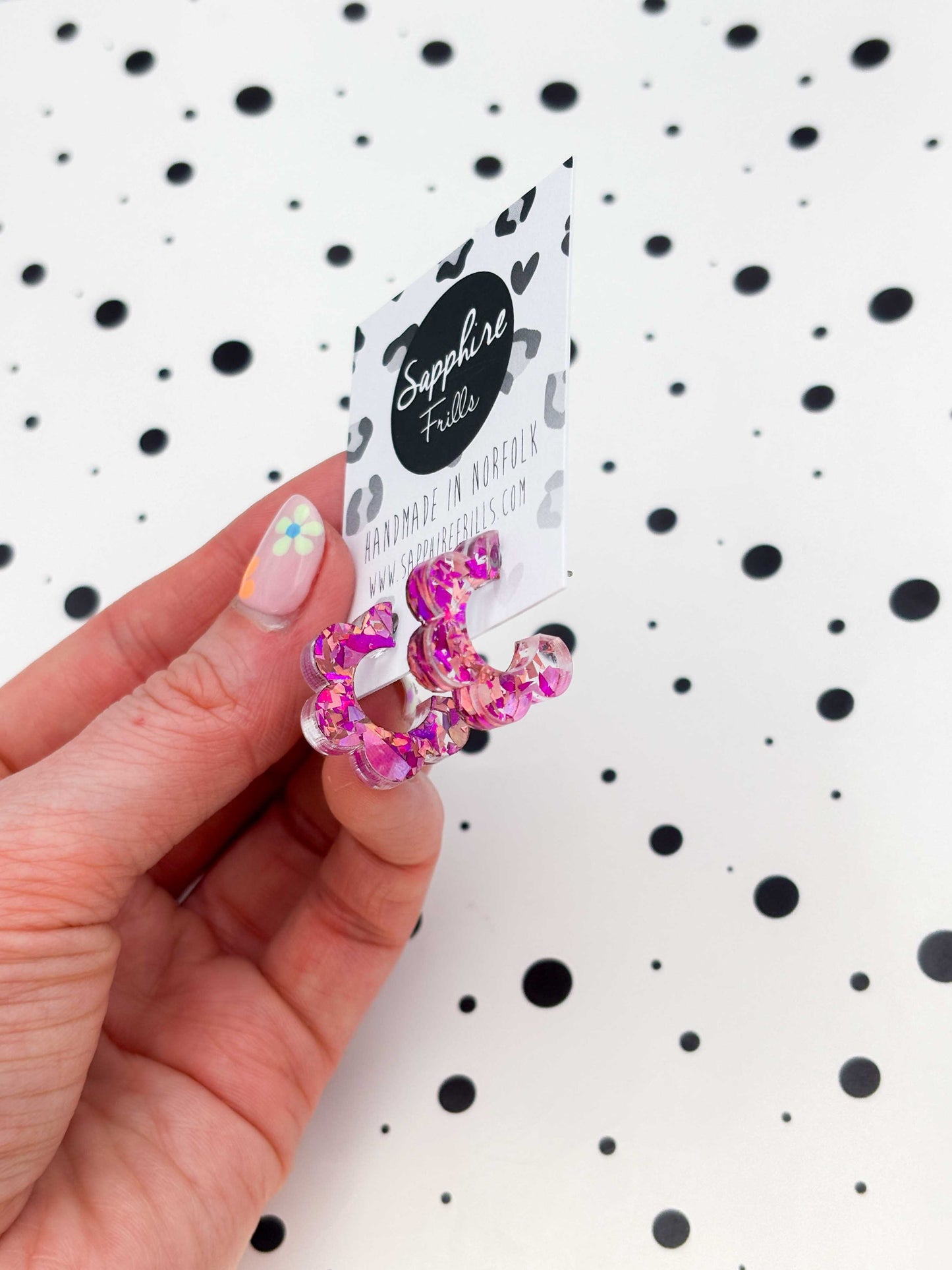 Medium Pink Holographic Confetti Acrylic Flower Hoops