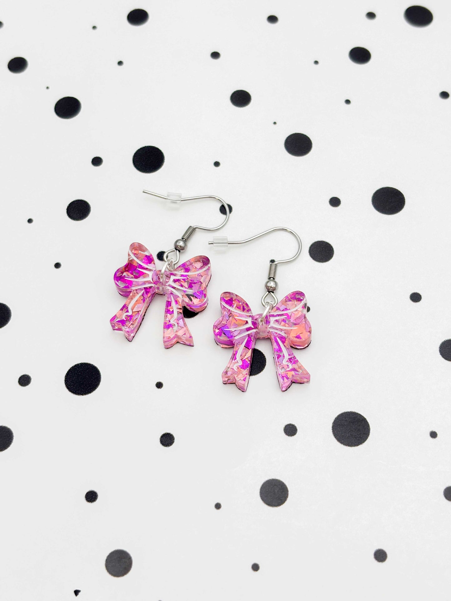 Medium Pink Holographic Confetti Short Bow Dangle Earrings
