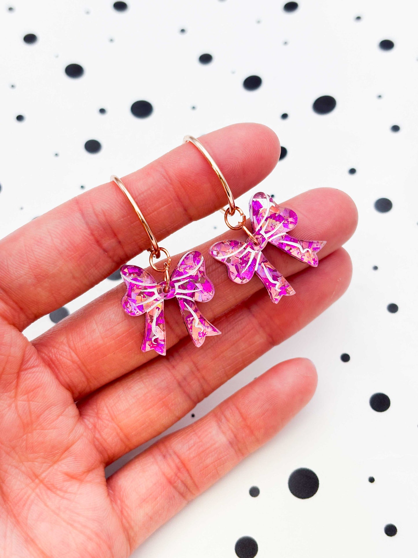 Medium Pink Holographic Confetti Short Bow Dangle Earrings