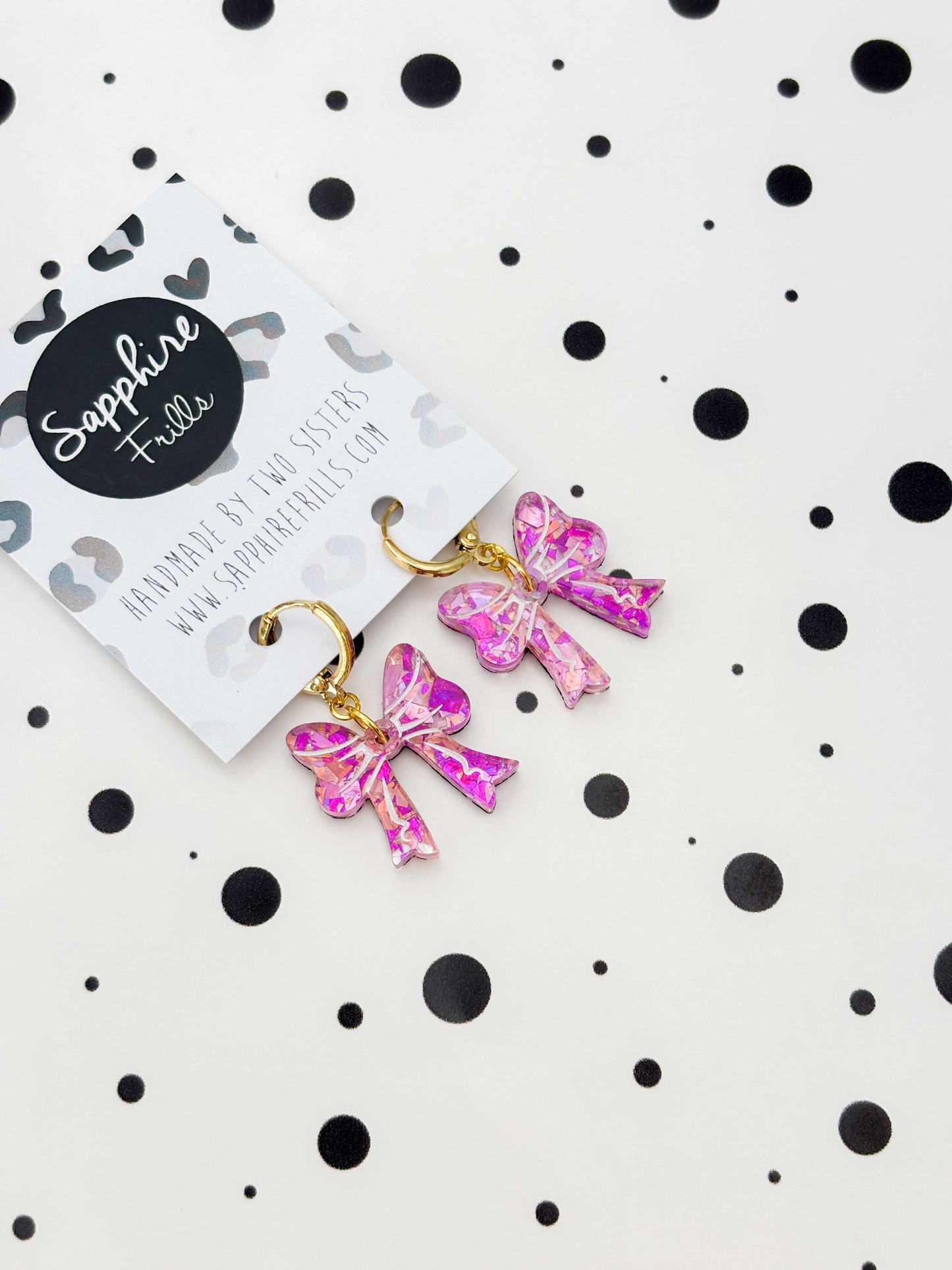 Medium Pink Holographic Confetti Short Bow Dangle Earrings or Necklace – Hypoallergenic Stainless Steel