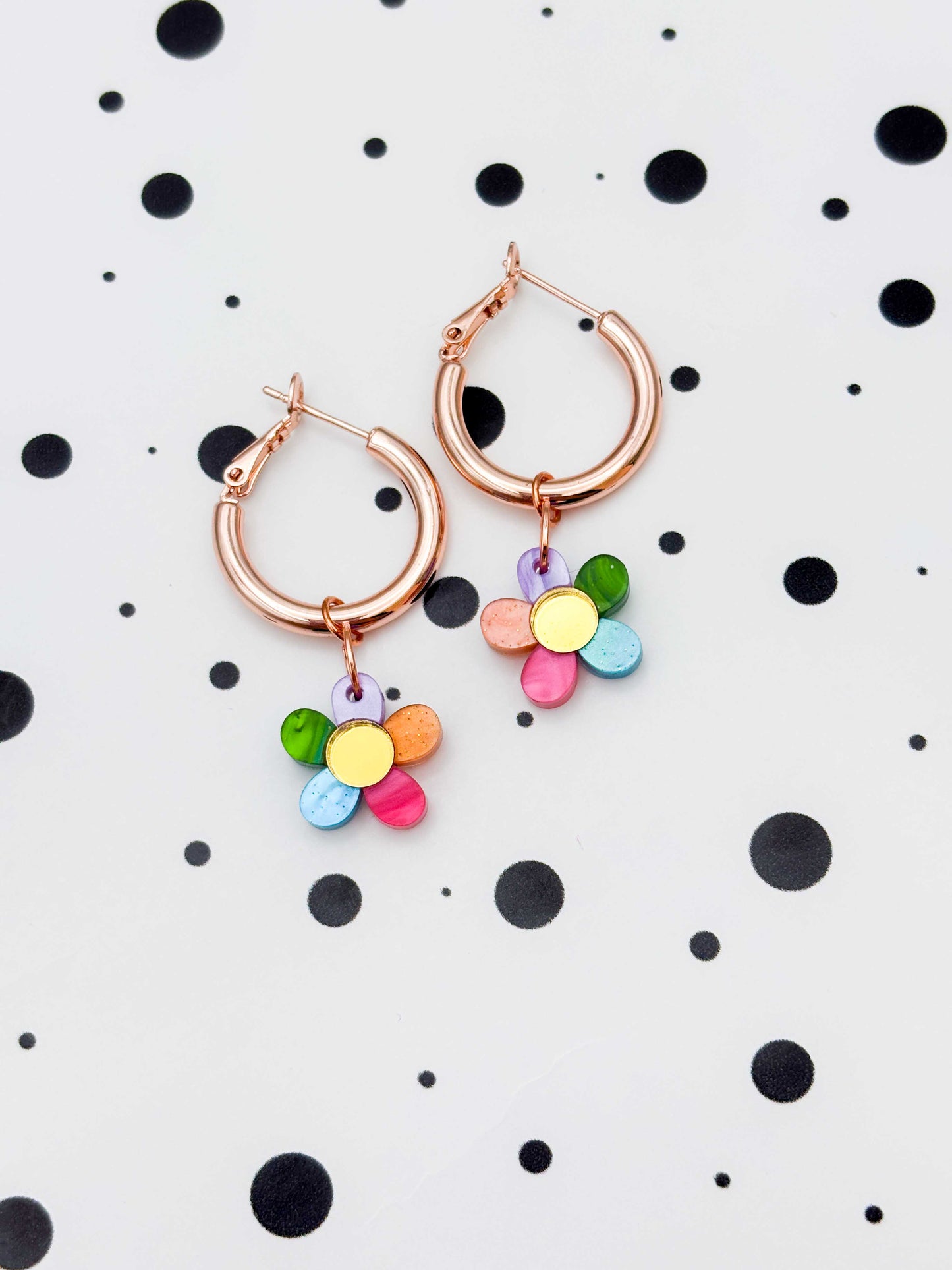 Small Pastel Rainbow Petal Flower Dangle Earrings or Necklace – Hypoallergenic Stainless Steel
