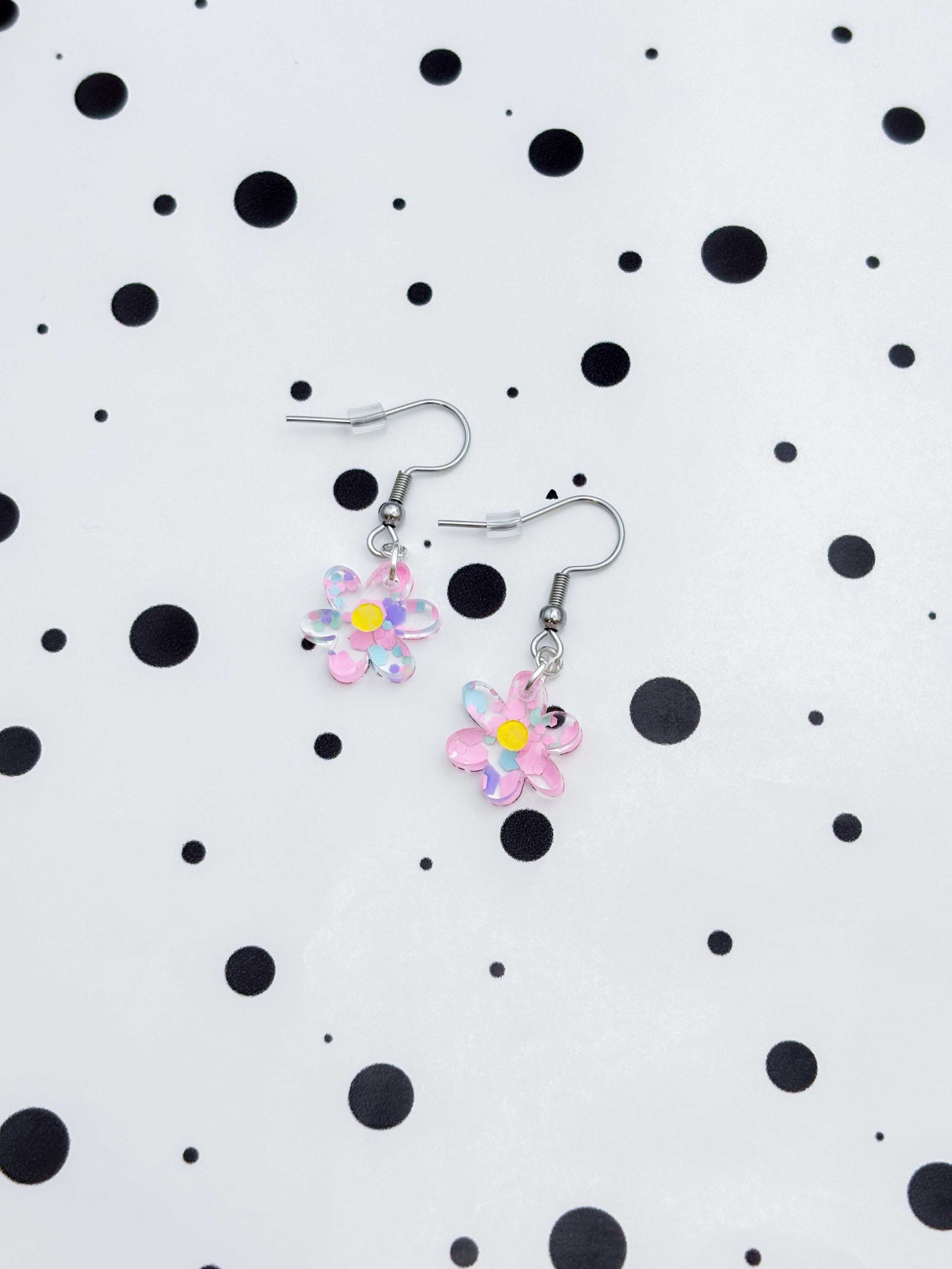 Small Asymmetric Pastel Hexagon Sequin Flower Dangle Earrings