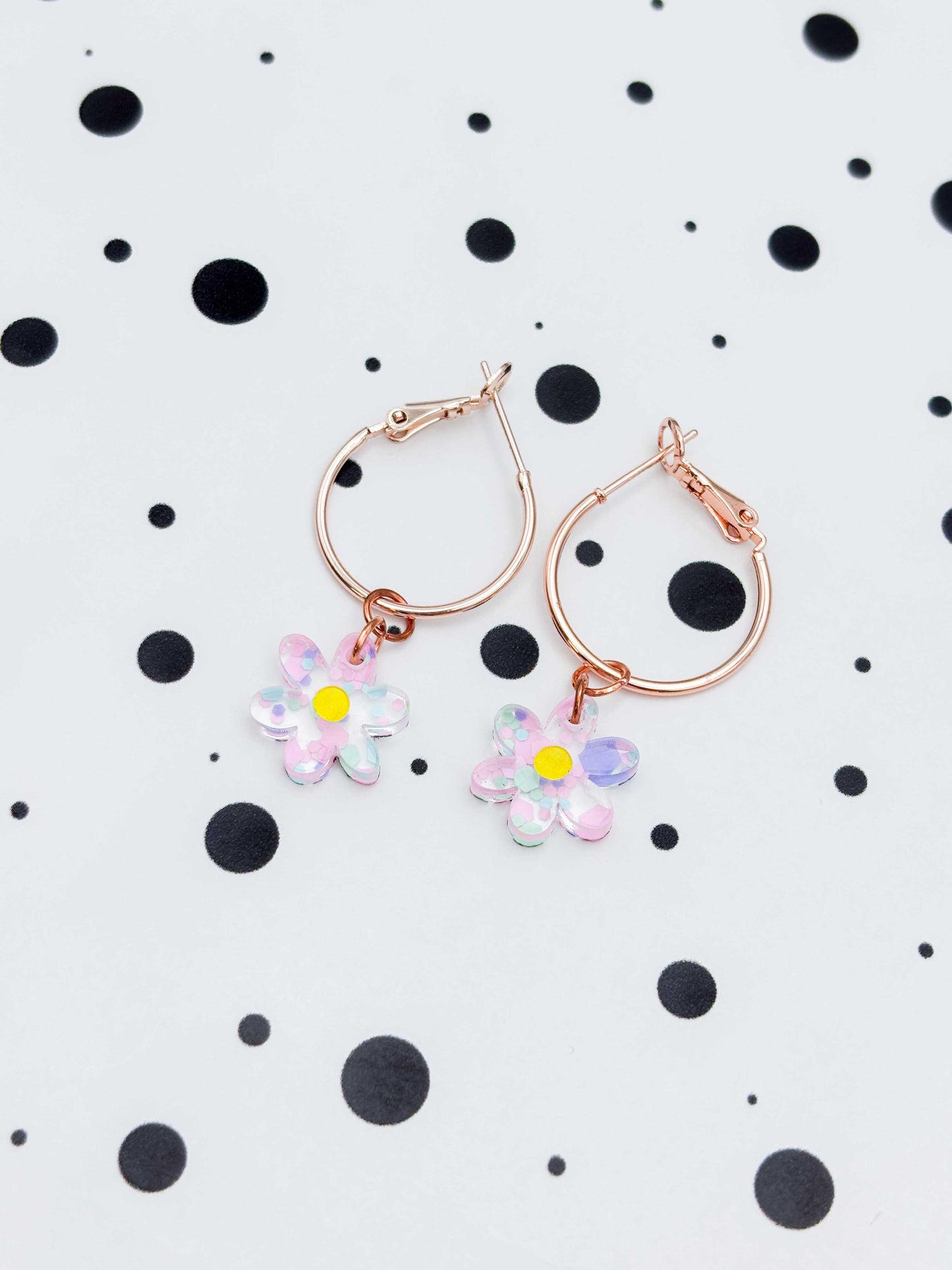 Small Asymmetric Pastel Hexagon Sequin Flower Dangle Earrings or Necklace – Hypoallergenic Stainless Steel