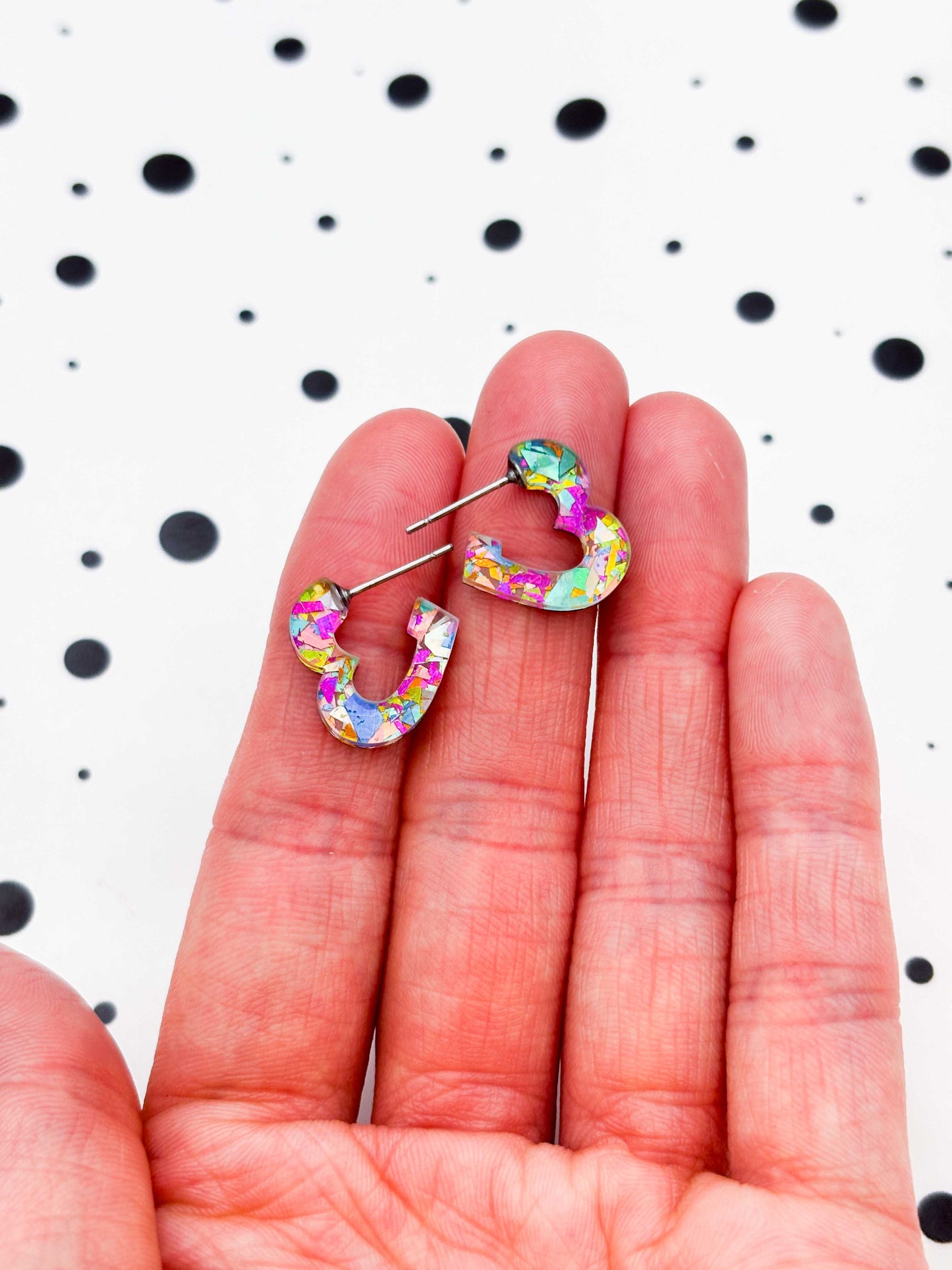 Small Rainbow Confetti Acrylic Heart Hoops