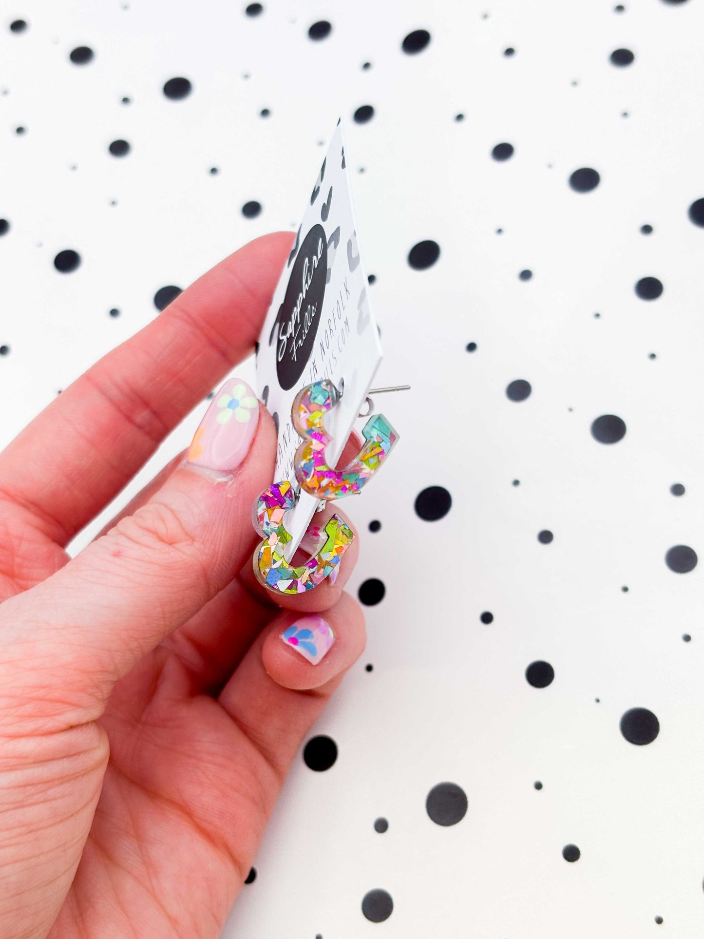 Small Rainbow Confetti Acrylic Heart Hoops