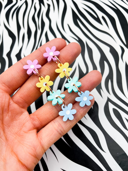 Pastel Rainbow Gloss Acrylic Daisy Flower Dangle Earrings – Hypoallergenic Stainless Steel