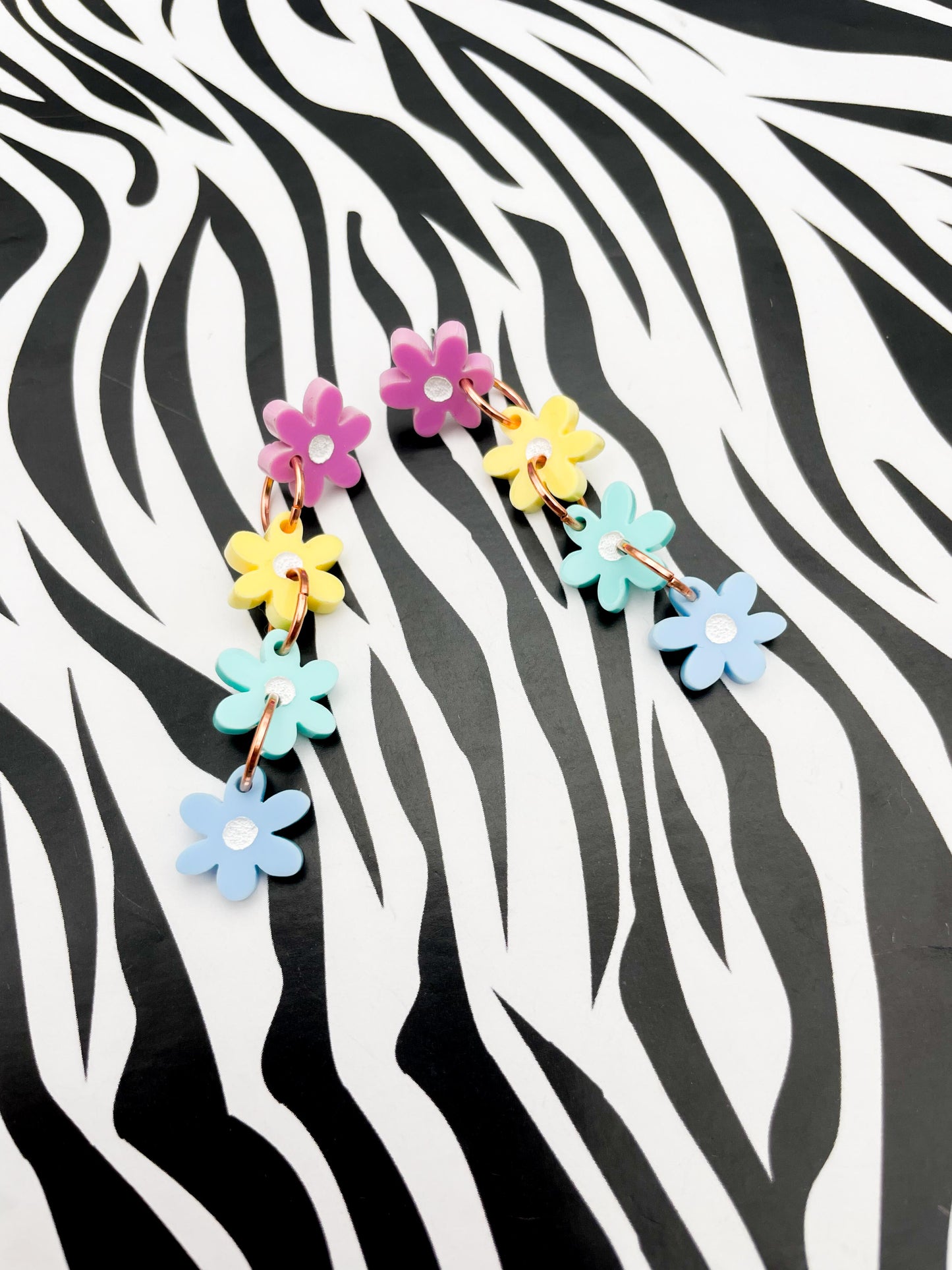 Pastel Rainbow Gloss Acrylic Daisy Flower Dangle Earrings – Hypoallergenic Stainless Steel
