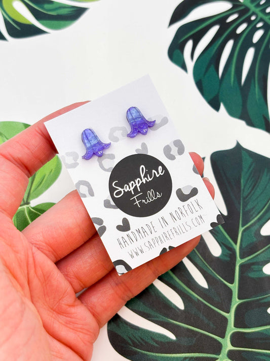 Mini Periwinkle Glitter Marble Bluebell Stud Earrings – Hypoallergenic Stainless Steel