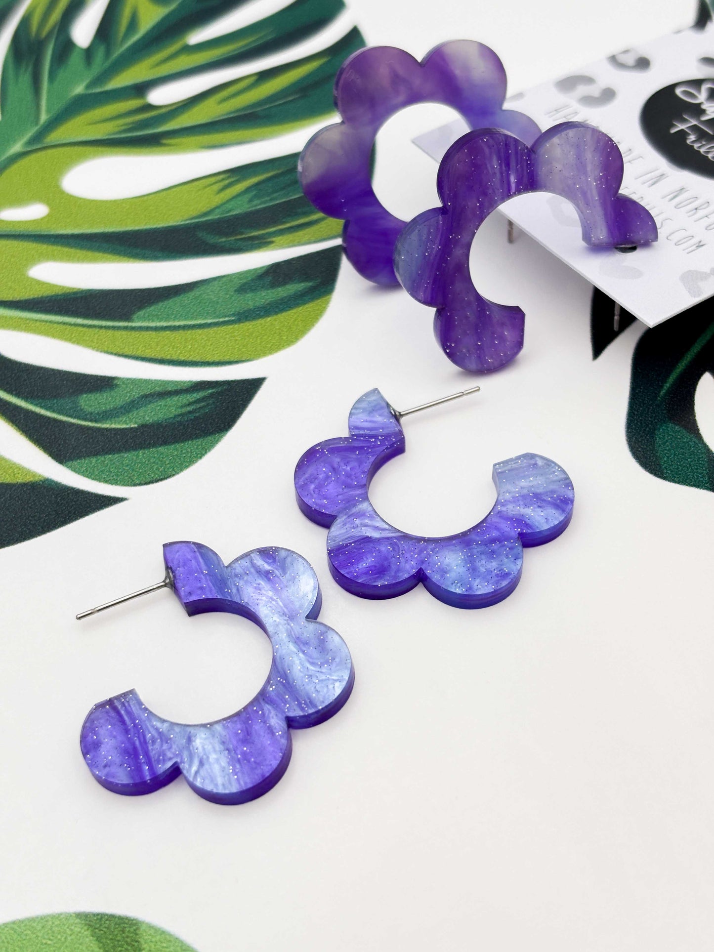 Large Periwinkle Glitter Marble Acrylic Flower Hoops