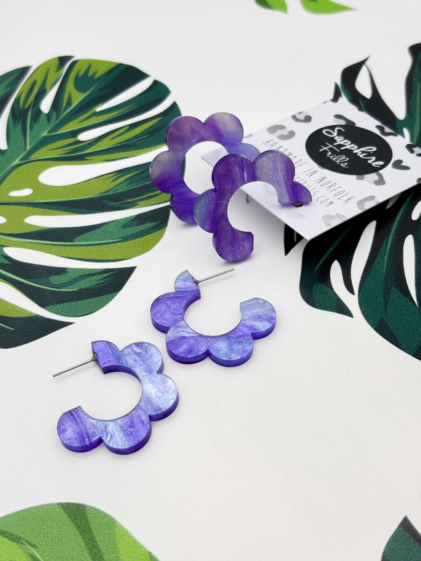 Large Periwinkle Glitter Marble Acrylic Flower Hoops