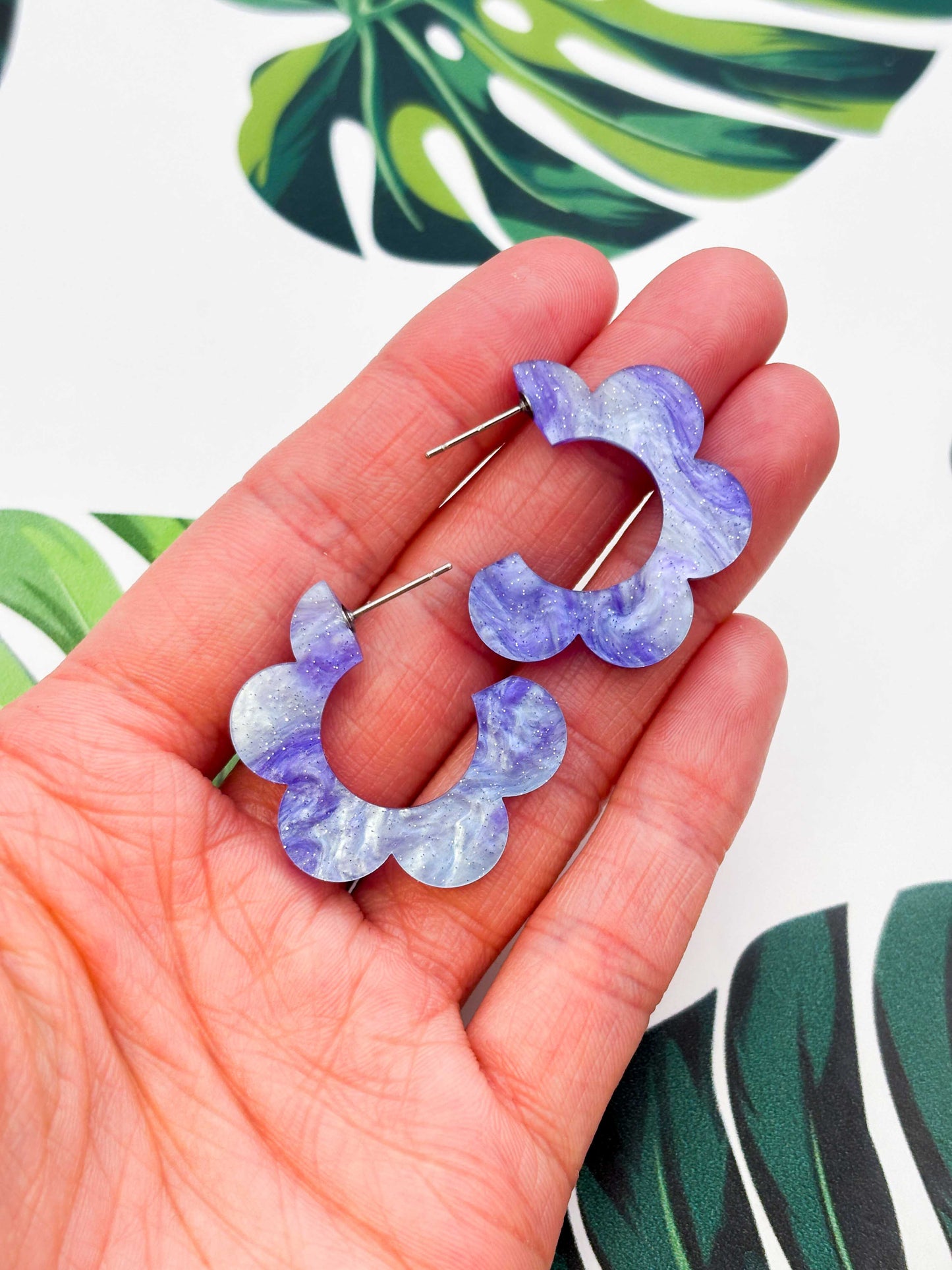 Large Periwinkle Glitter Marble Acrylic Flower Hoops