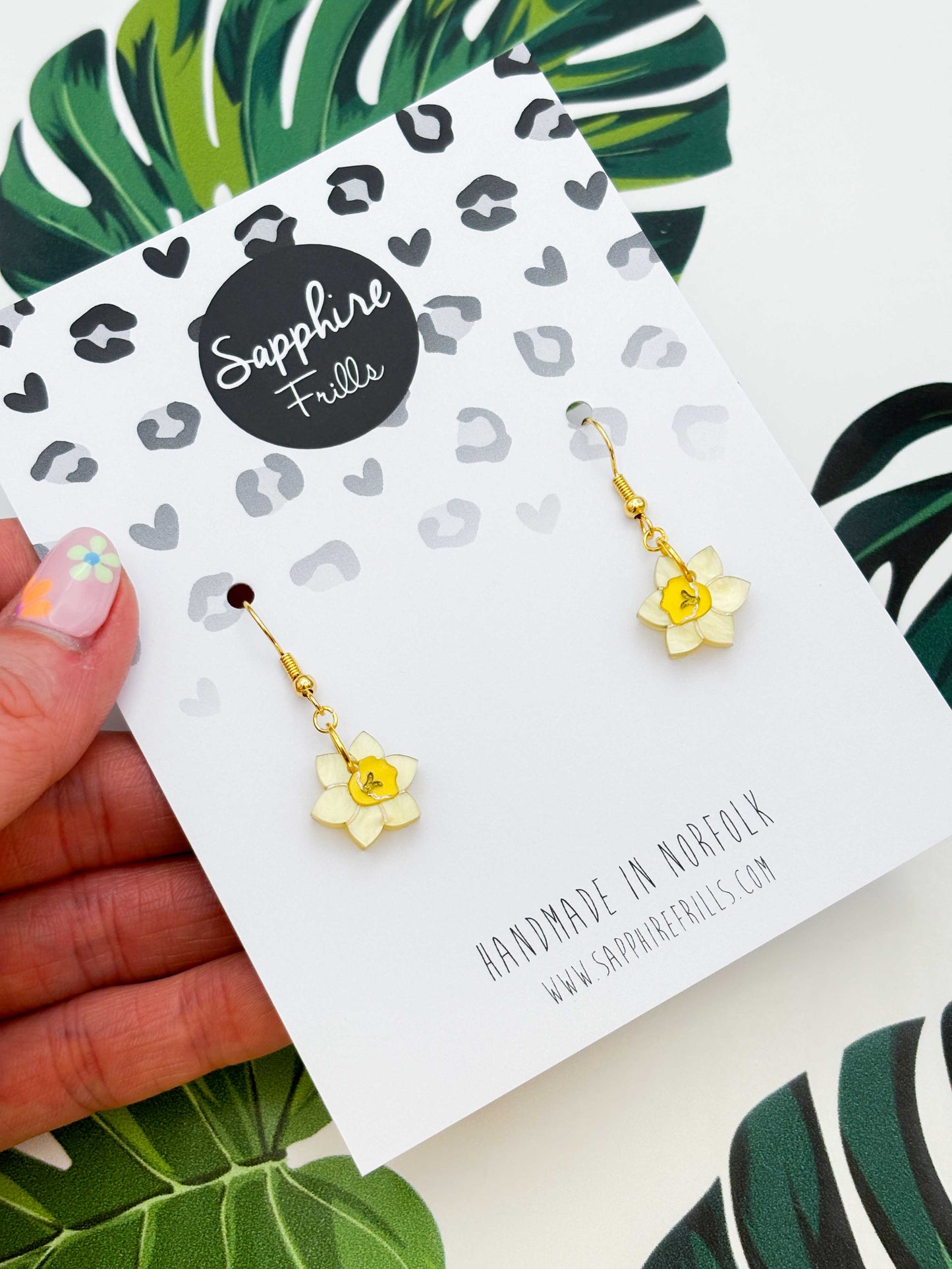 Small Yellow Daffodil Acrylic Dangle Earrings or Necklace – Hypoallergenic Stainless Steel