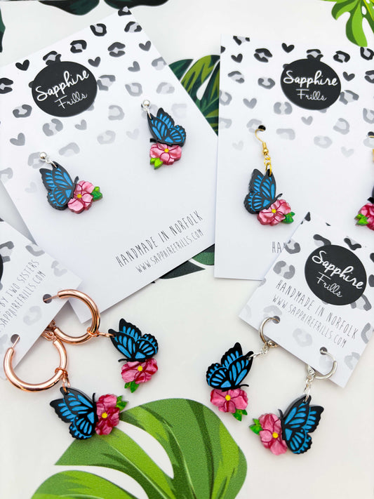 Medium Blue Butterfly on Hot Pink Flower Dangle Earrings or Necklace – Hypoallergenic Stainless Steel