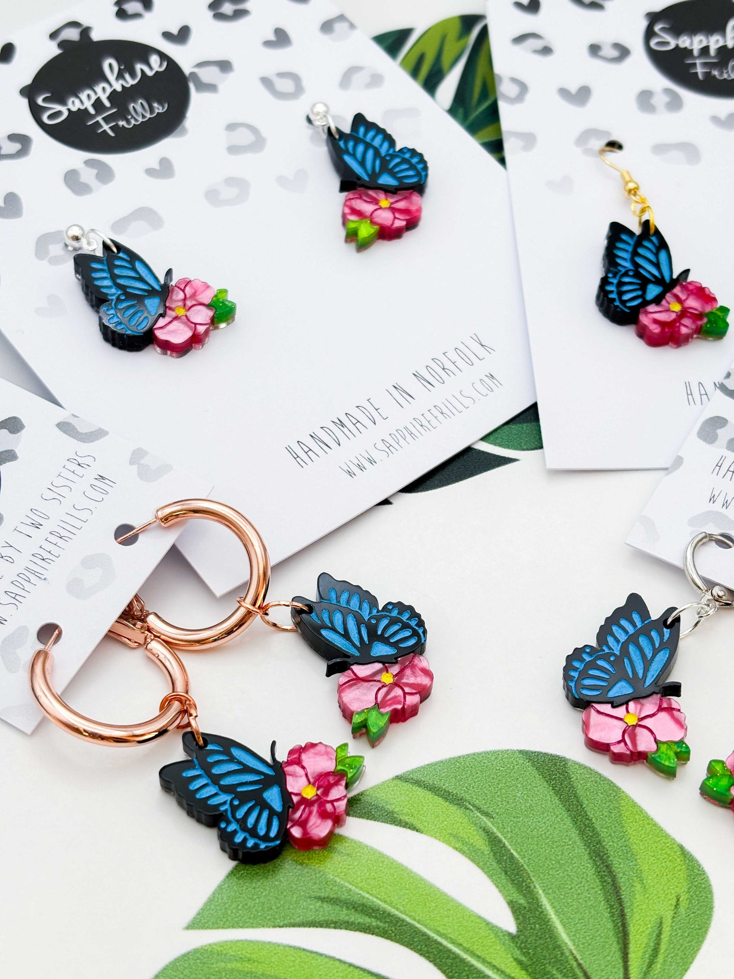 Medium Blue Butterfly on Hot Pink Flower Dangle Earrings